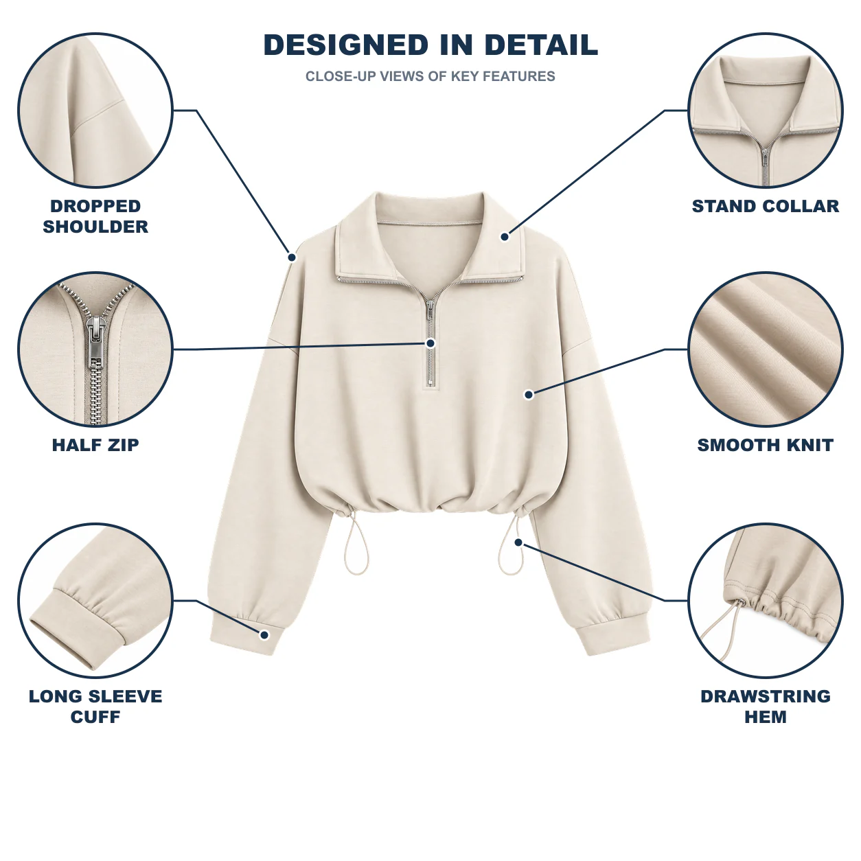 Half zipper, stand collar, dropped shoulder, drawstring hem, long sleeve cuff and smooth knit details
