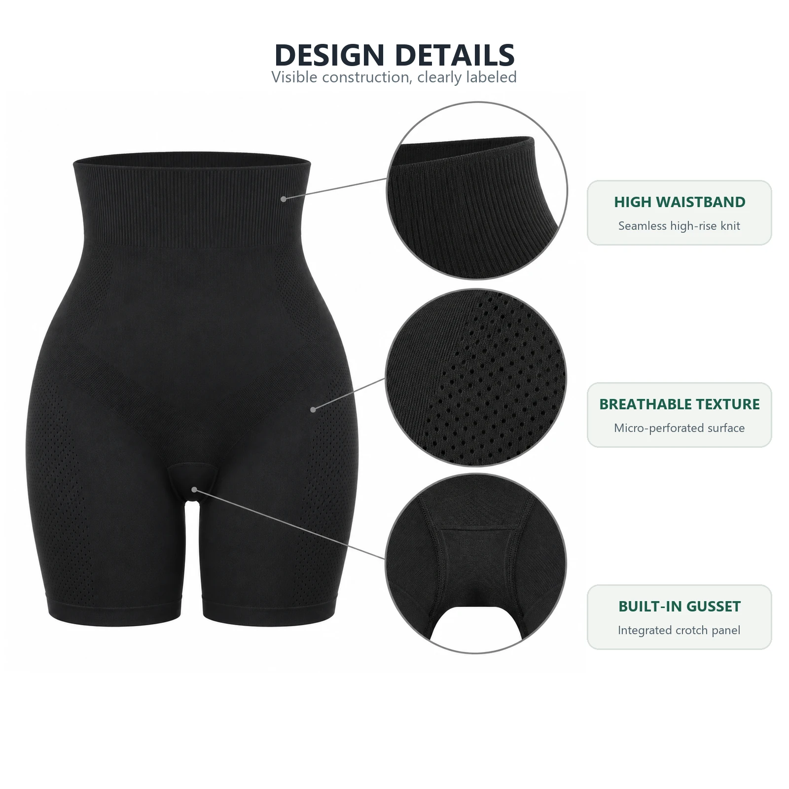 High waistband, seamless stretch knit, breathable micro-perforated texture and built-in gusset