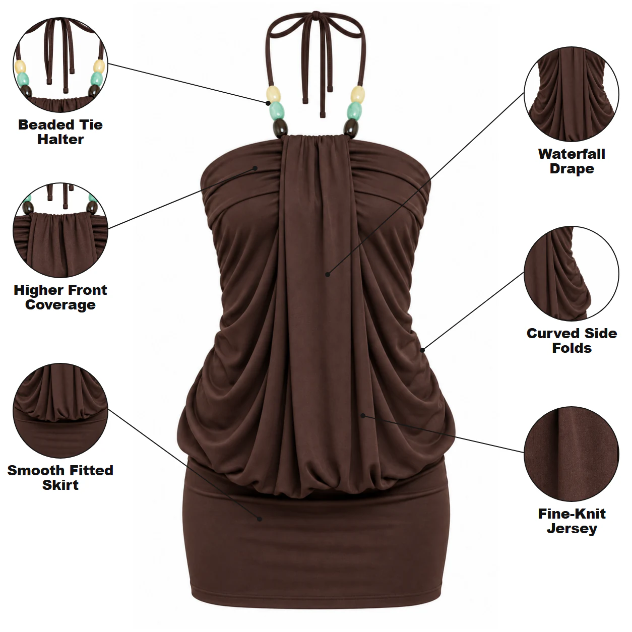 Beaded tie-halter, higher front coverage, waterfall drape, curved side folds and fine-knit jersey details