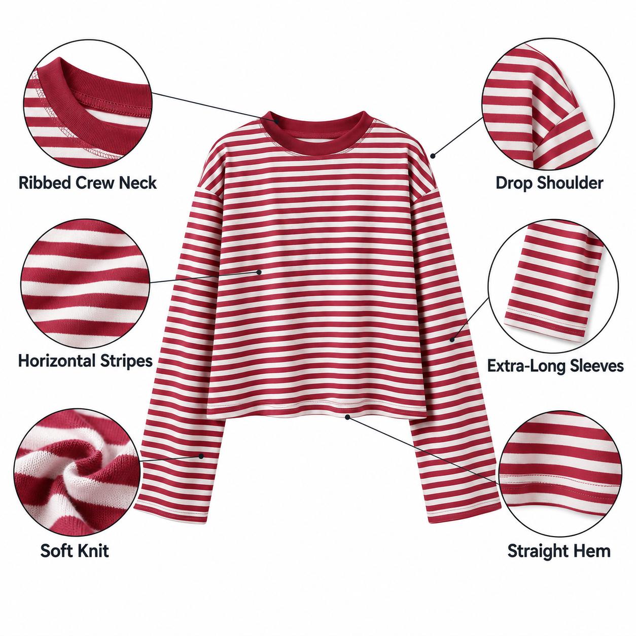 Ribbed crew neck, dropped shoulder, horizontal stripes, soft knit, extra-long sleeves and straight hem
