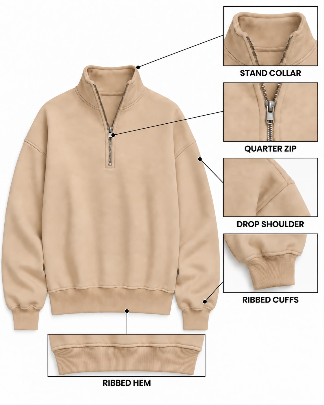 Stand collar, quarter zip, drop shoulders, ribbed cuffs and ribbed hem details