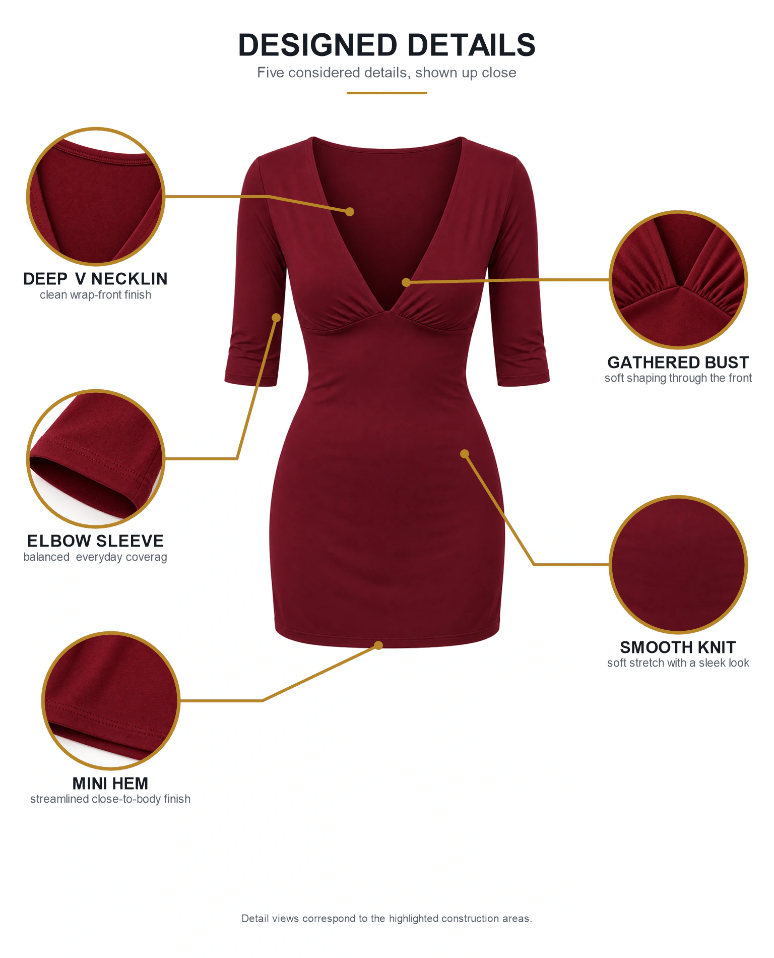 Deep V neckline gathered bust elbow sleeve knit and mini hem details