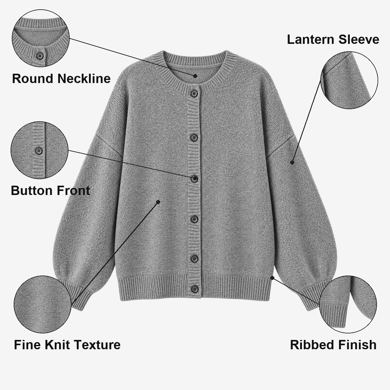 Grey button-front knit cardigan with round neckline, button front, lantern sleeve, knit texture and ribbed finishing callouts