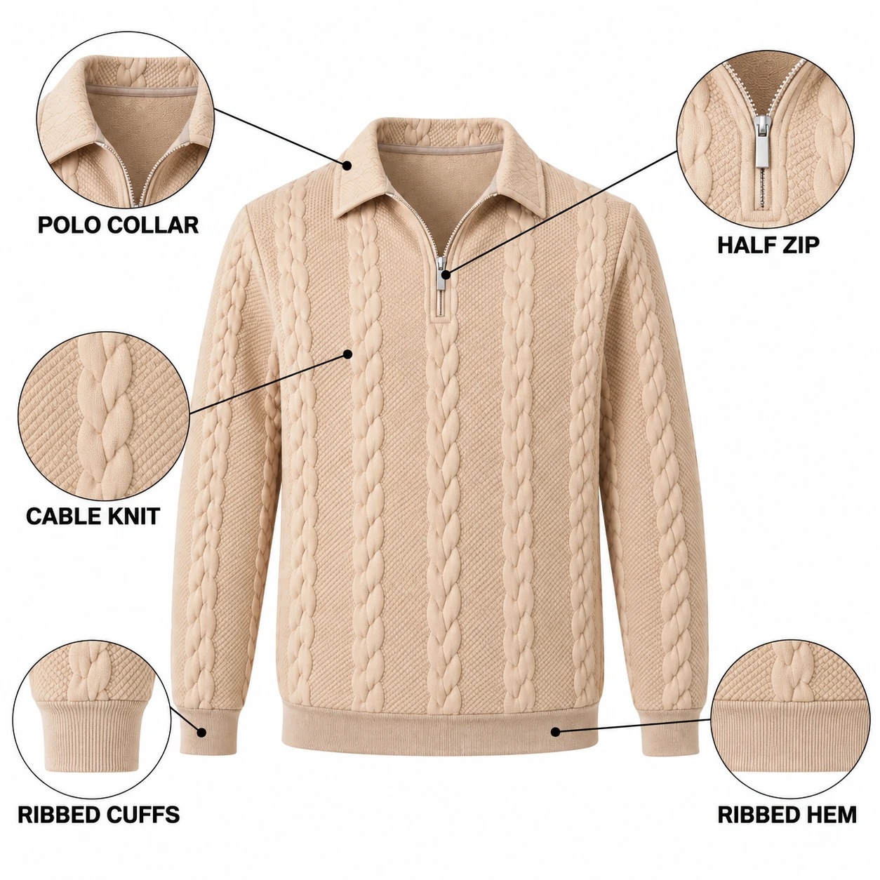 Khaki cable-knit half-zip polo sweater with labeled callouts for polo collar, half zip, cable knit, ribbed cuffs, and ribbed hem