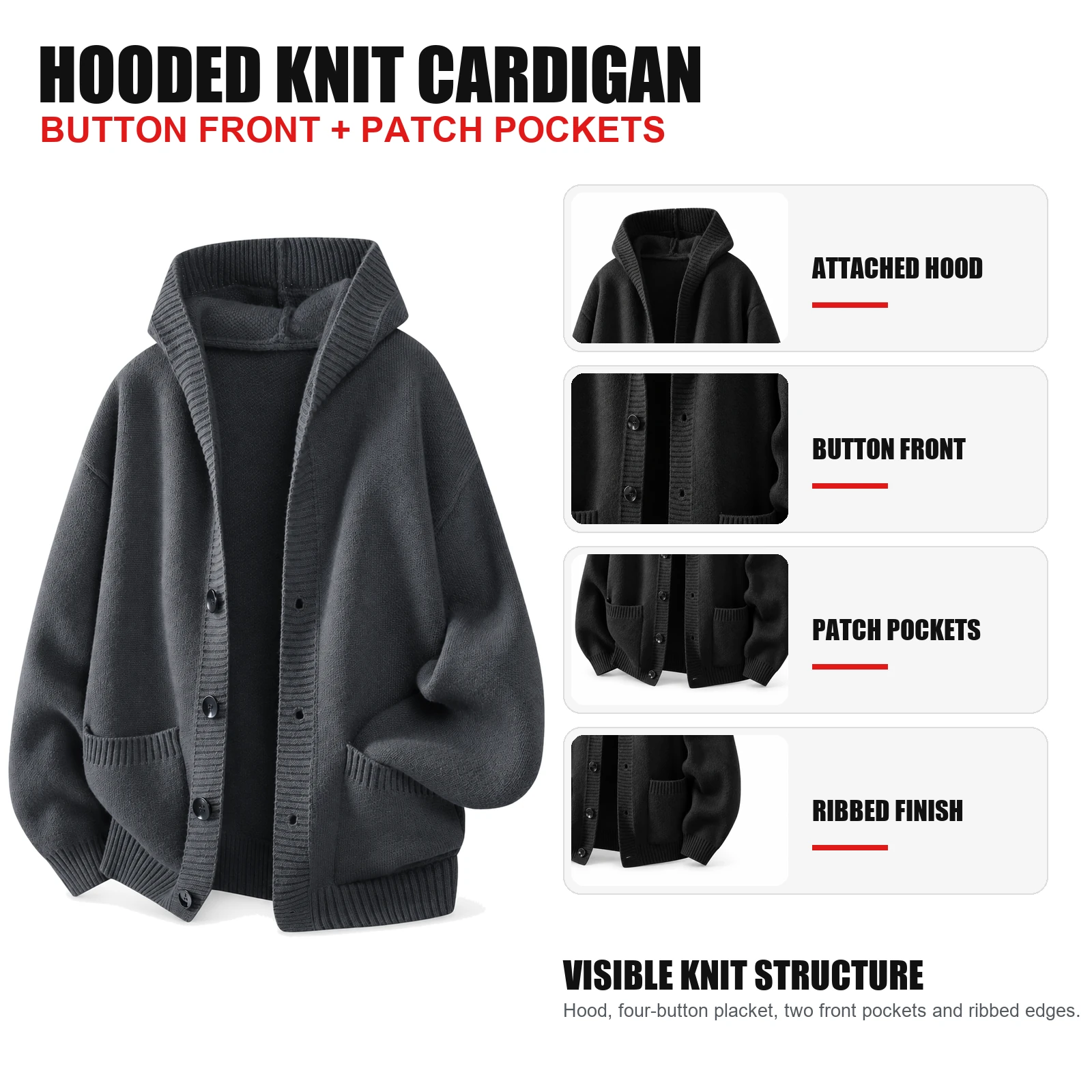 Hood, button-front placket, front patch pocket, ribbed cuff and hem details