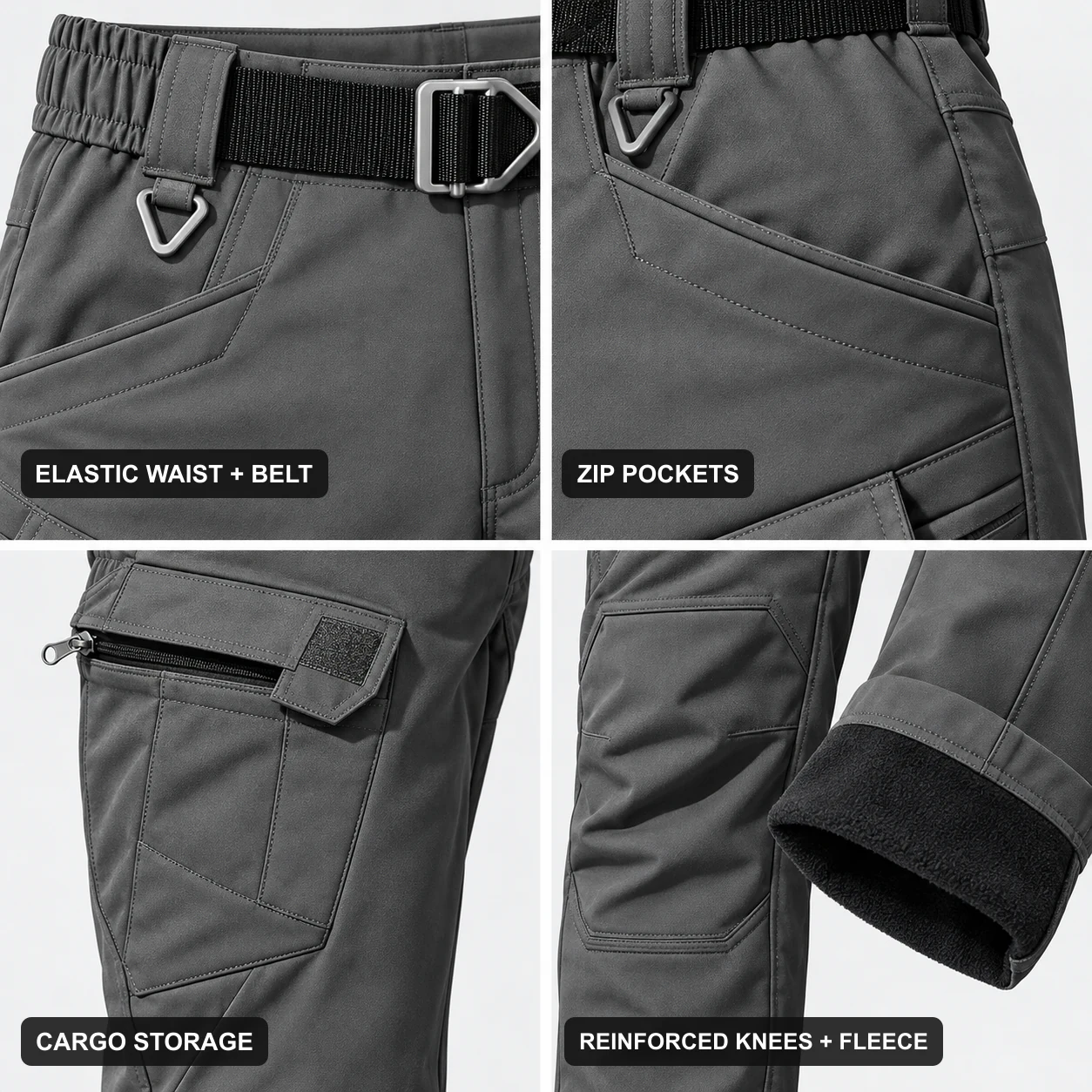 Elastic waist and belt, zip pockets, cargo storage, reinforced knees and fleece lining