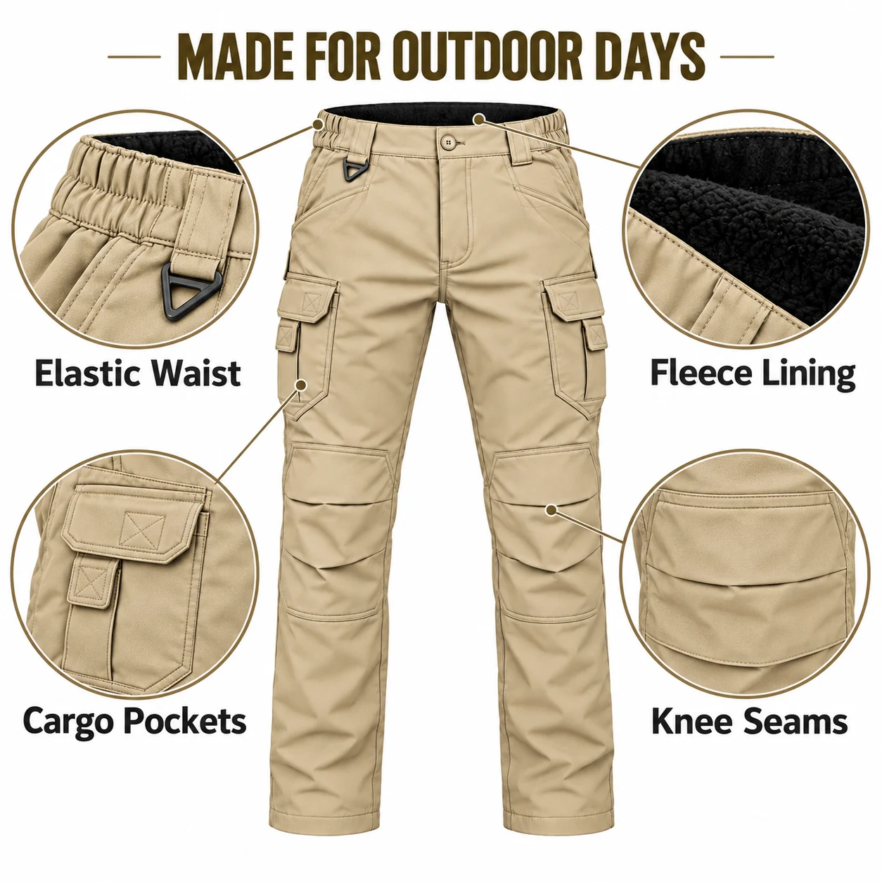 Elastic waist, fleece lining, cargo pockets and knee seams