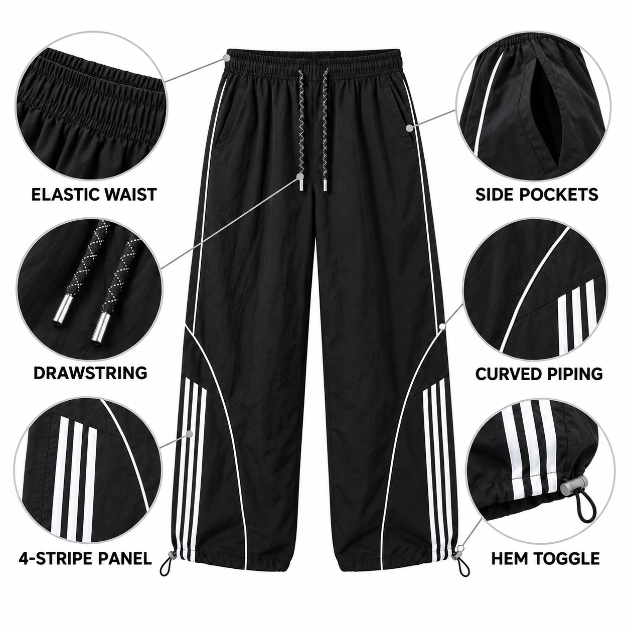 Elastic waist, pockets, piping, striped panels and adjustable hems