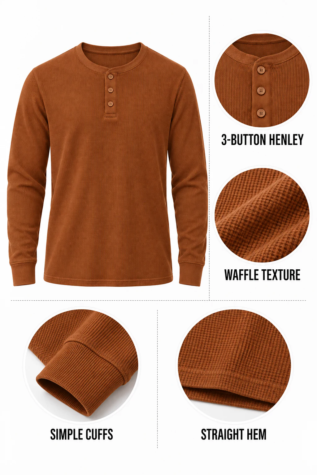 Three-button neckline, waffle texture, cuffs and straight hem details