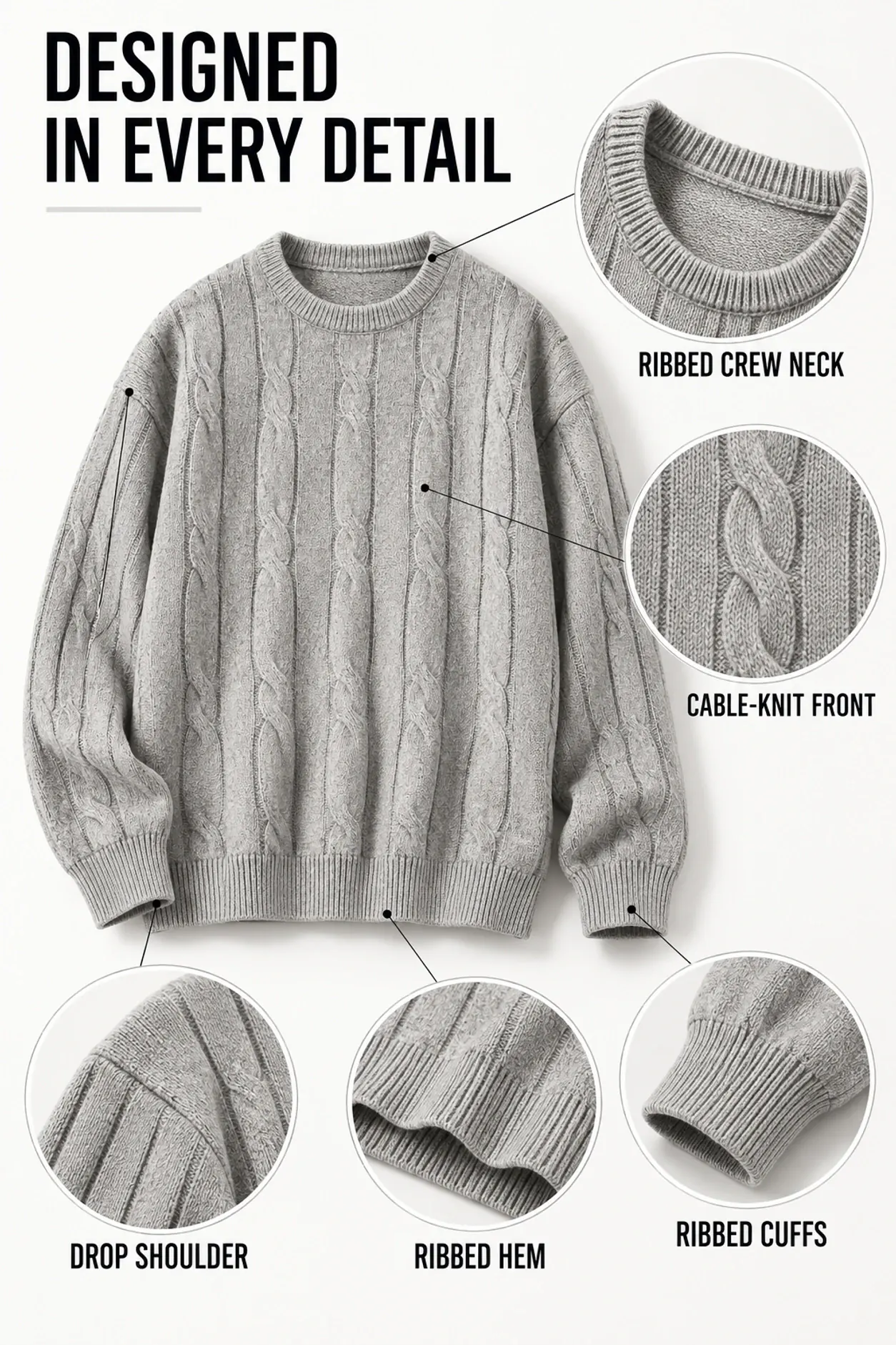 Ribbed crew neck, cable-knit front and ribbed cuff details