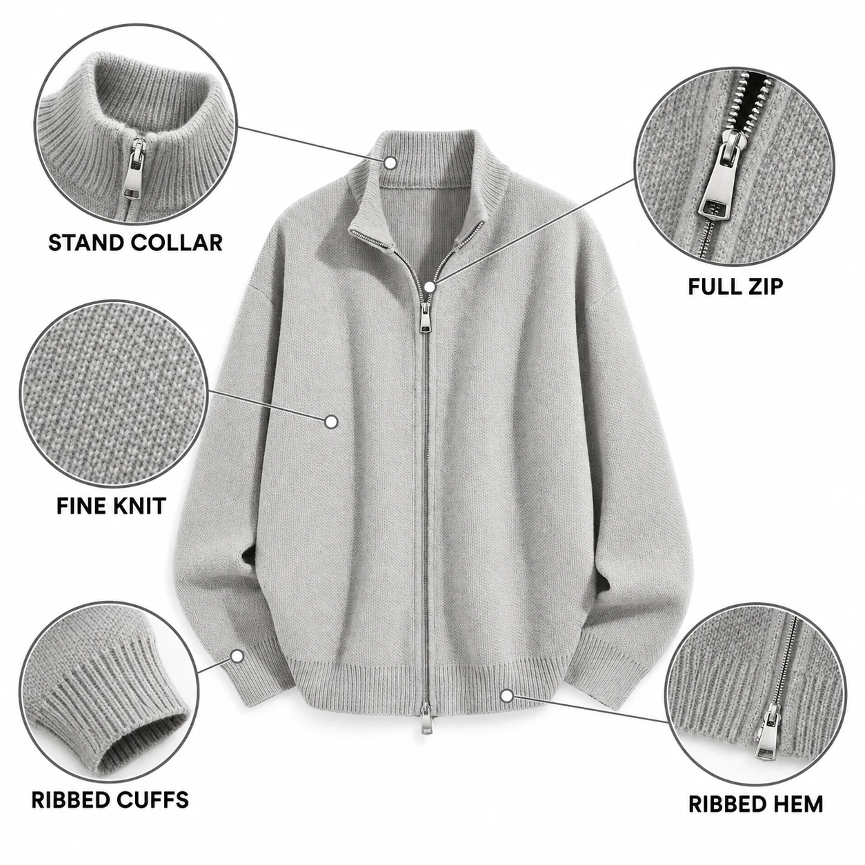 Stand collar, full zipper, fine knit texture, ribbed cuffs and hem