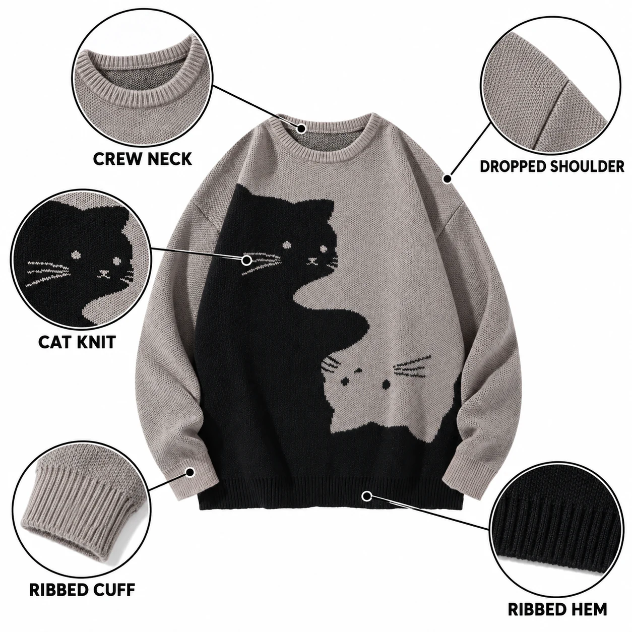 Crew neck, dropped shoulder, cat knit, ribbed cuff and ribbed hem features