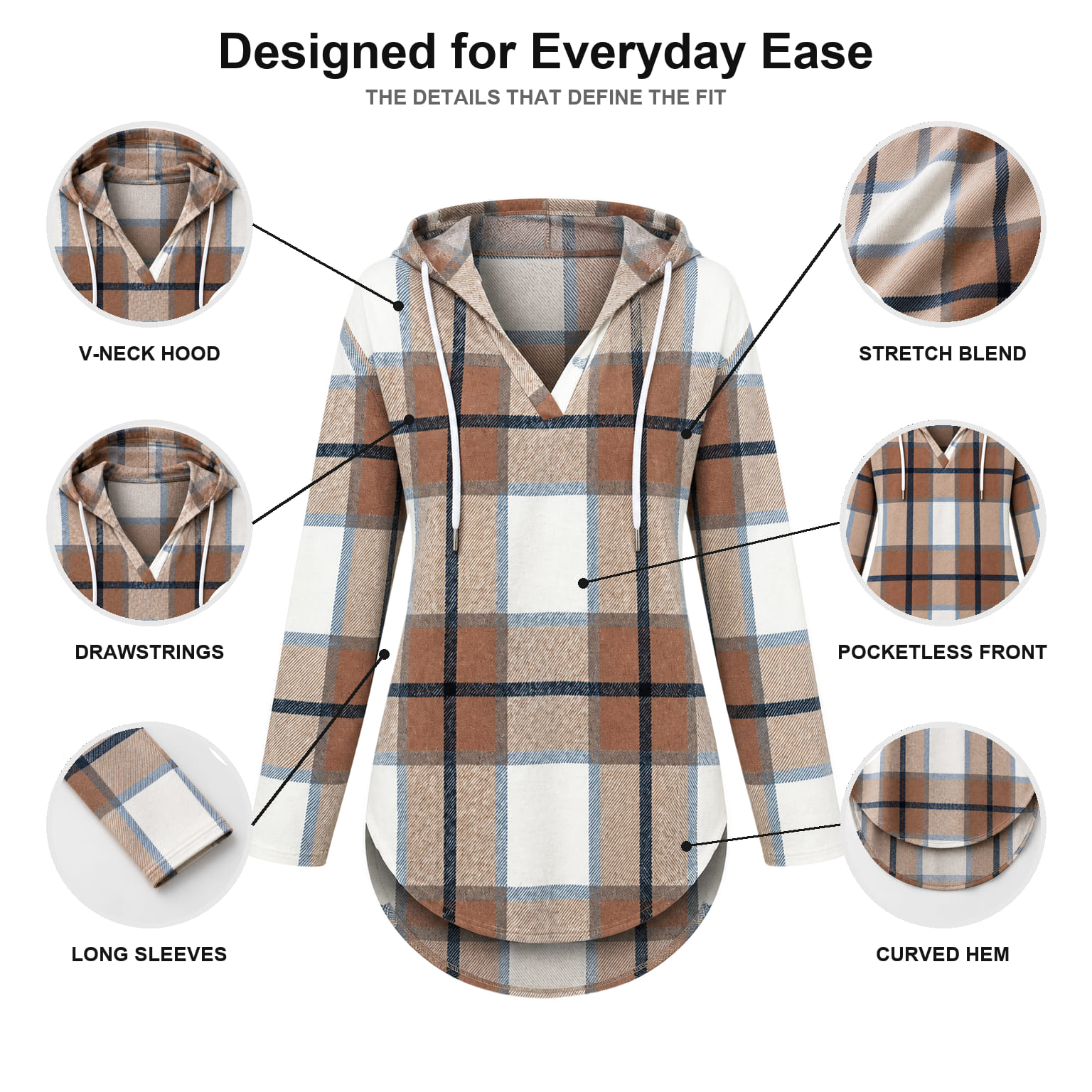 V-neck hood, drawstrings, stretch-blend fabric, long sleeves, pocketless front and curved hem details
