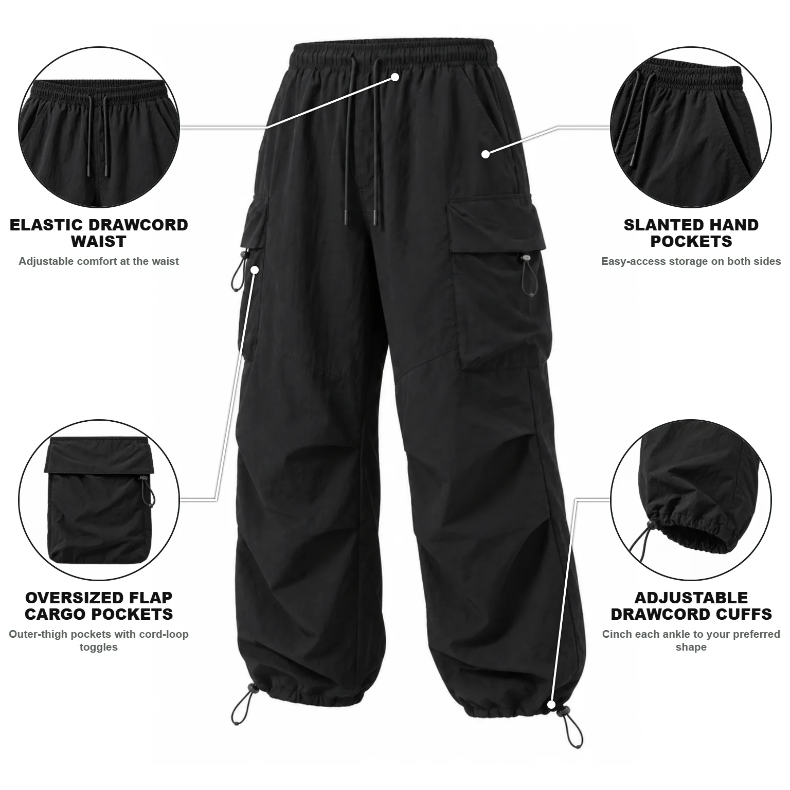 Elastic waist, hand pockets, cargo pockets, and adjustable drawcord cuff details