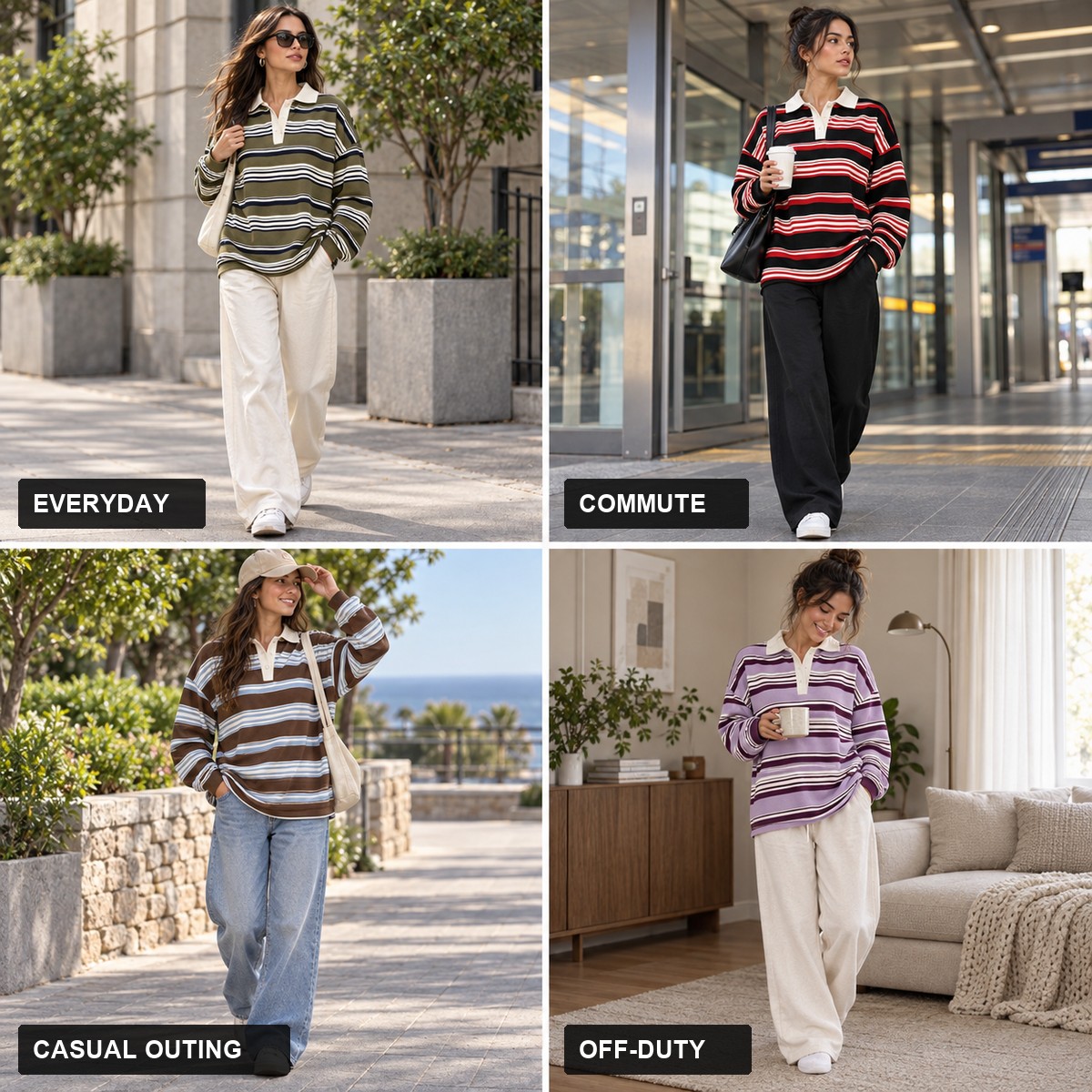 Women's relaxed striped collared tops shown for everyday wear, commuting and casual outings