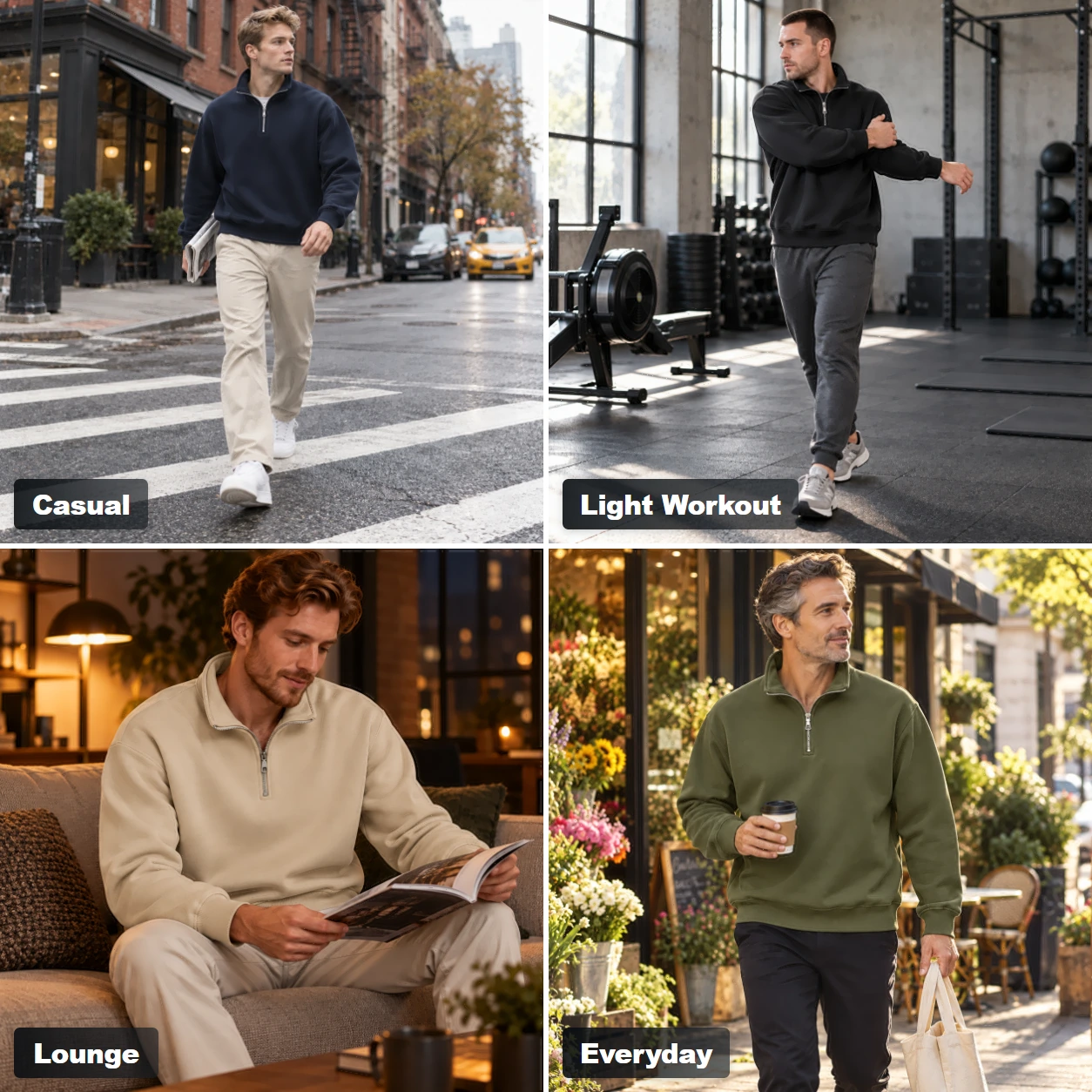 Men's half-zip stand-collar sweatshirts shown for casual wear and light workouts