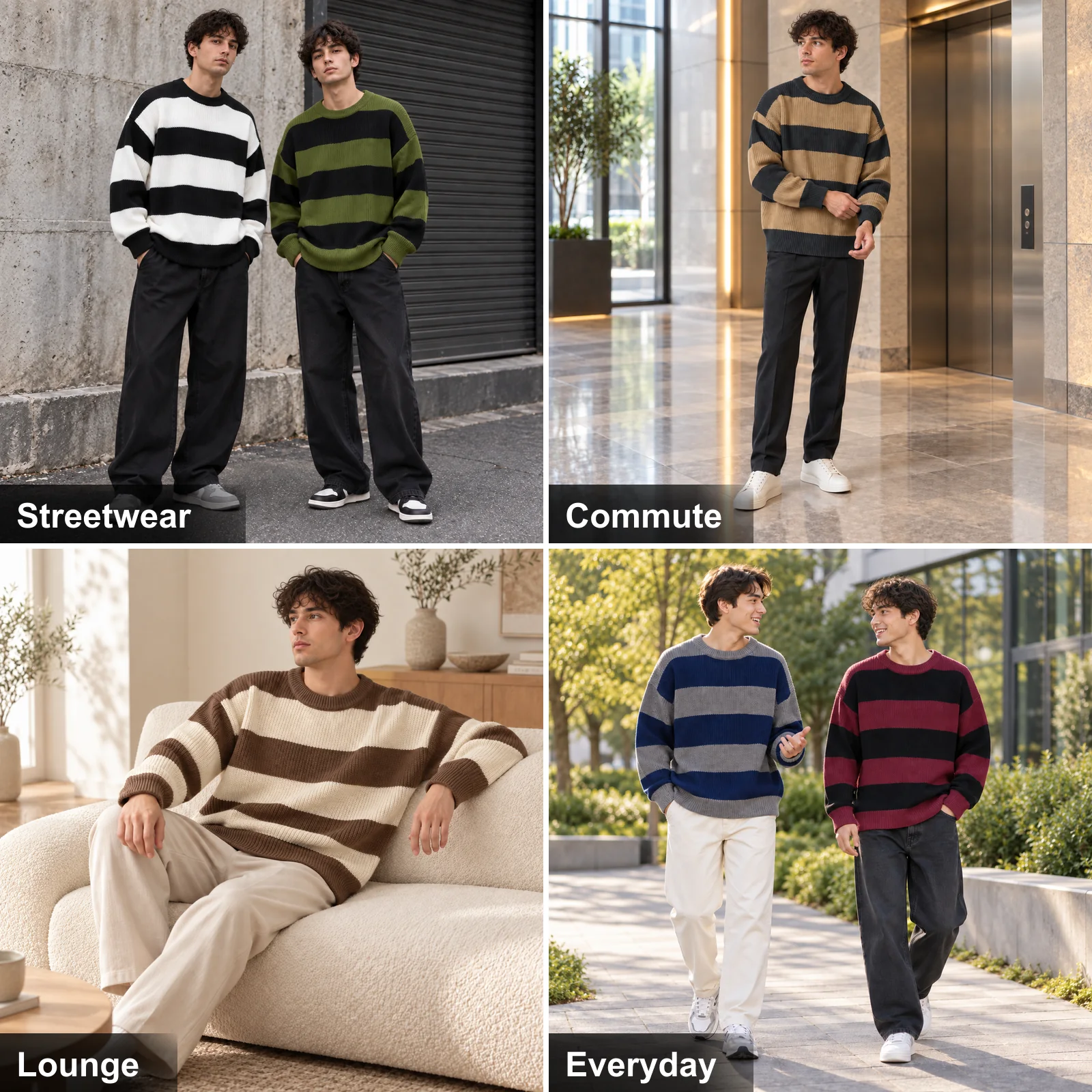 Striped knit sweaters styled for streetwear commuting lounge and everyday wear