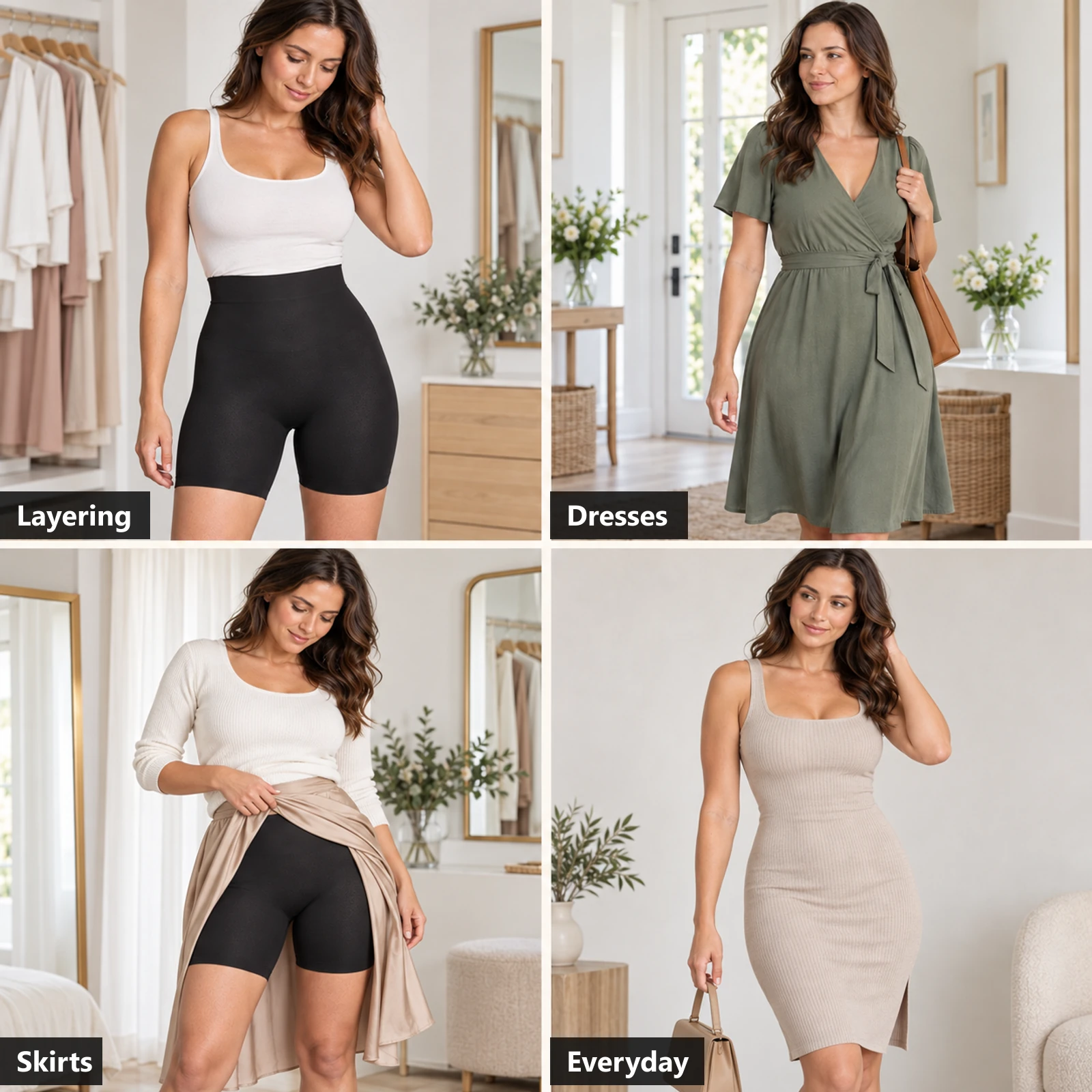 Shapewear shorts styled for layering, dresses, skirts and everyday outfits