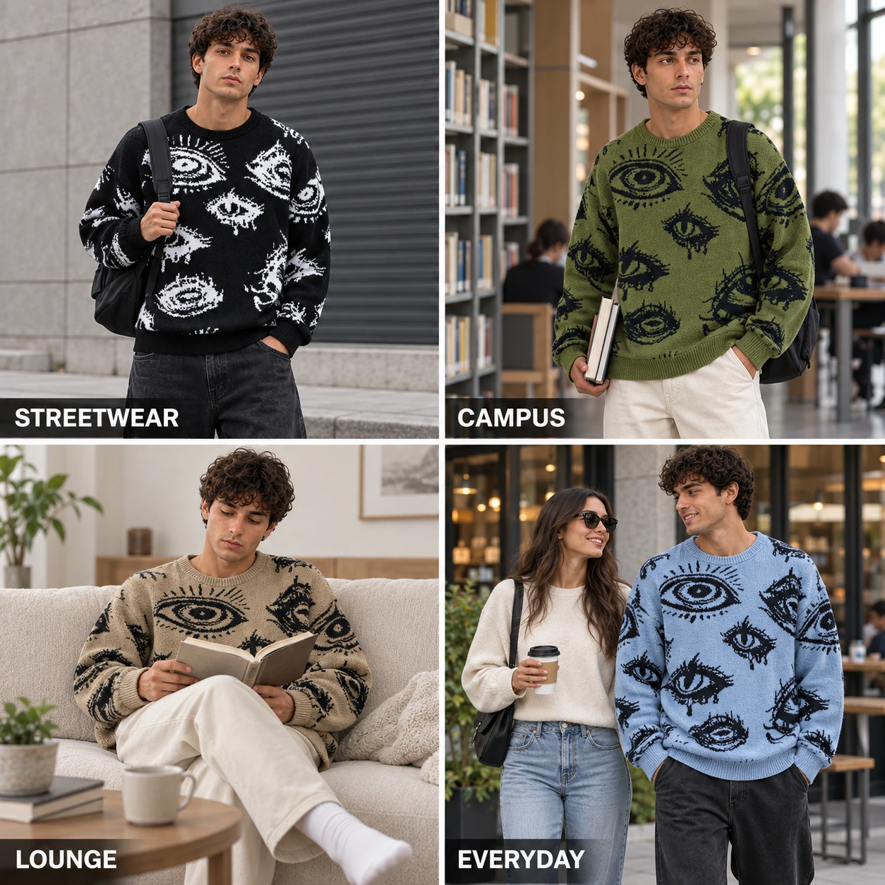 Eye pattern knit pullover styled for streetwear, campus, lounge and everyday settings