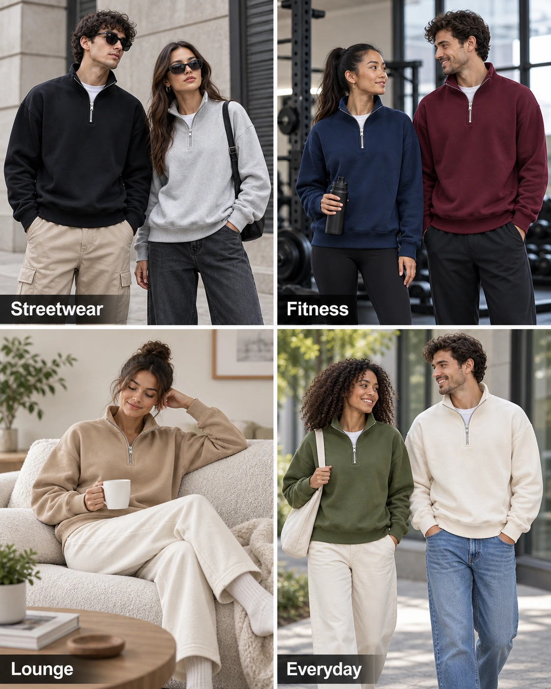 Quarter-zip sweatshirts for streetwear, fitness, lounge and everyday wear