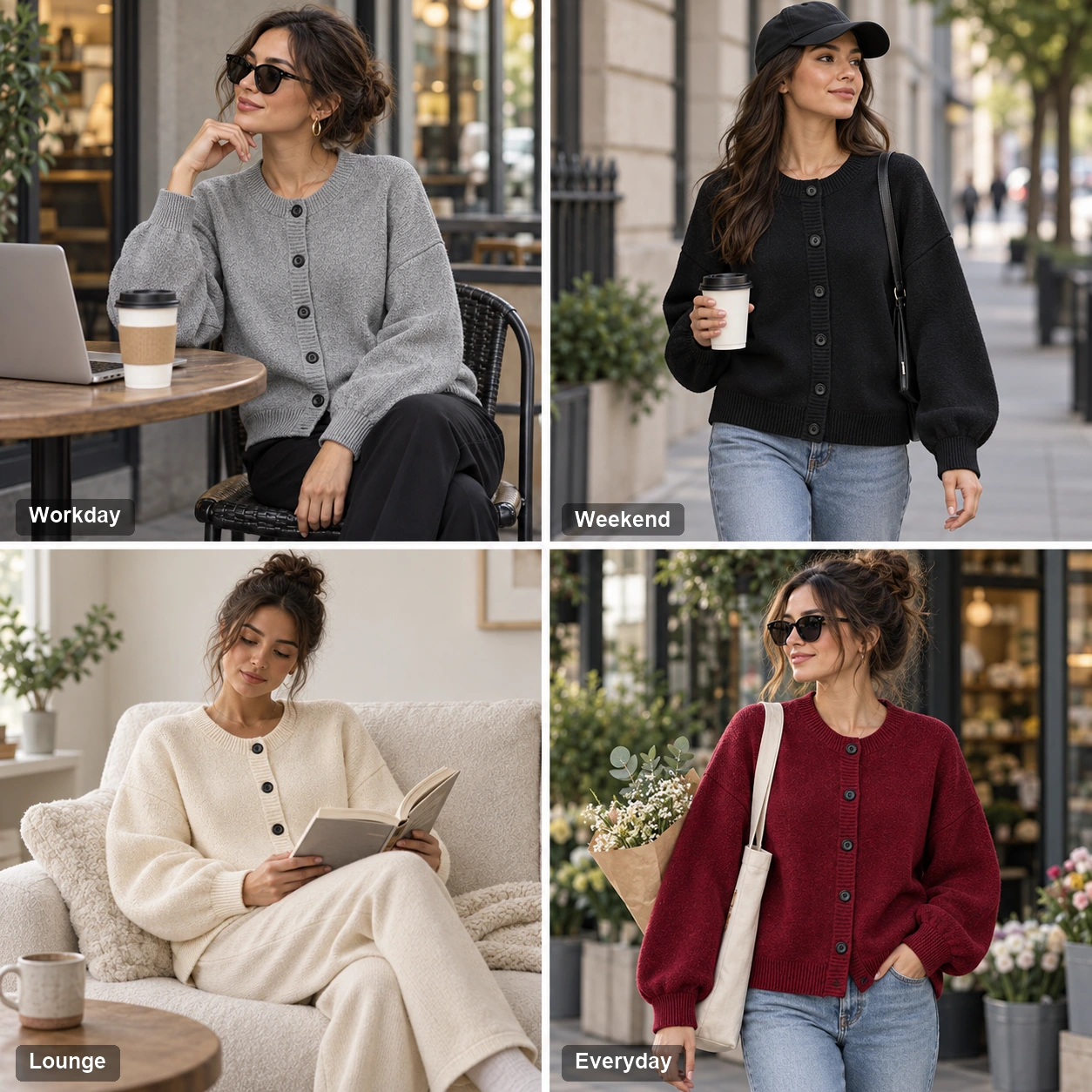 Women styling the cardigan for workday, weekend, lounge and everyday outfits