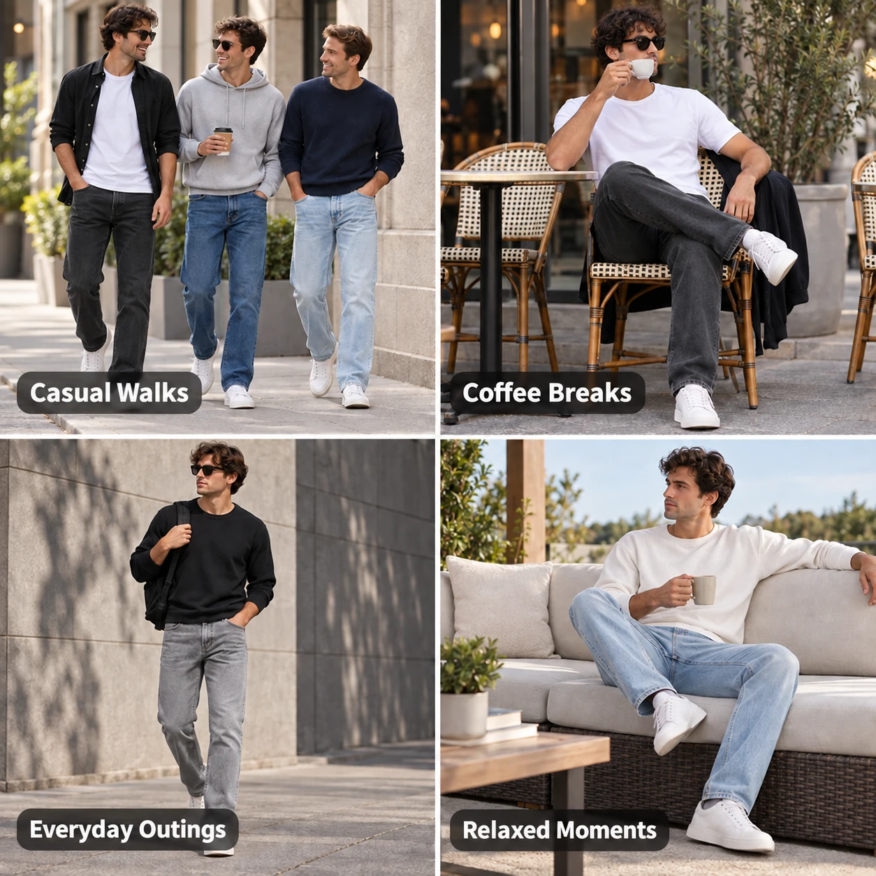 Slim straight jeans shown during casual walks, coffee breaks, everyday outings and relaxed moments