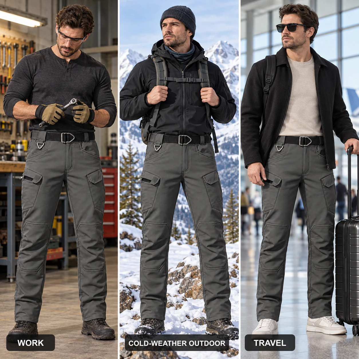 Fleece-lined tactical pants for work, cold-weather outdoor activities and travel