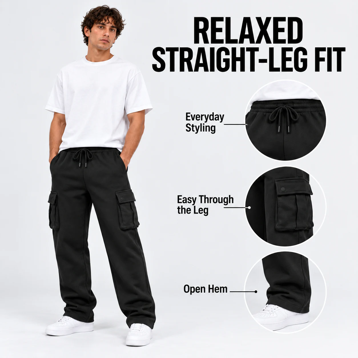 Relaxed straight-leg cargo sweatpants for everyday wear and travel