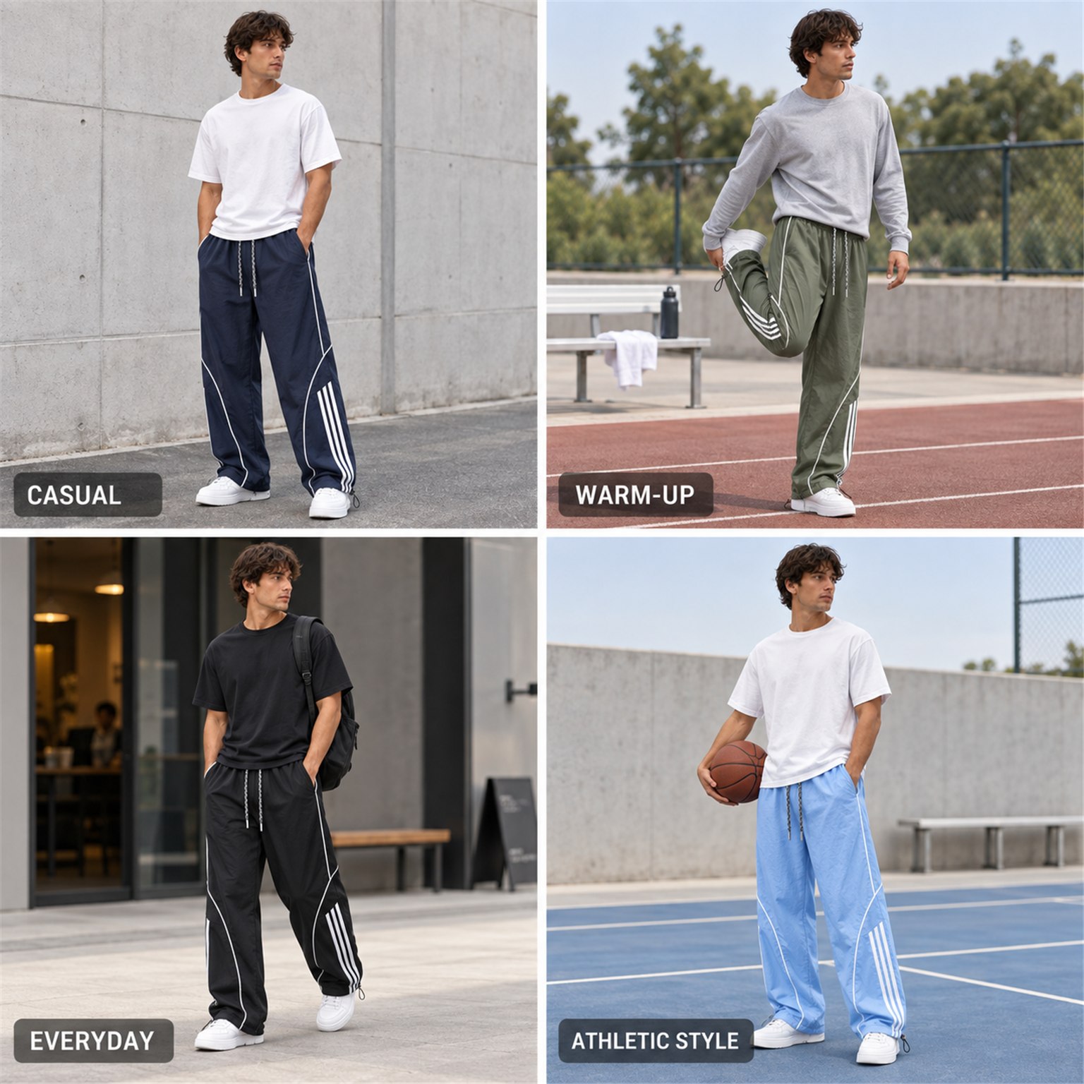Men's loose wide-leg track pants styled for casual everyday wear