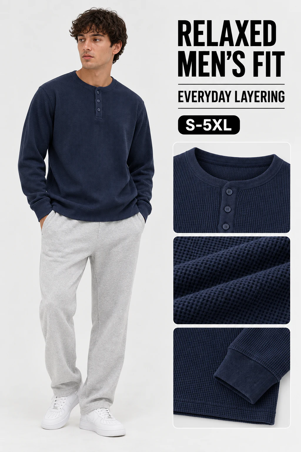 Relaxed men's waffle Henley fit for casual wear and layering