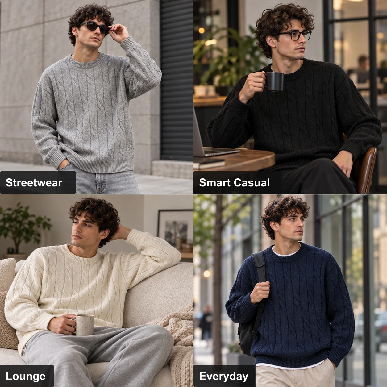 Men's cable-knit sweater styled for streetwear, smart casual, lounge and everyday wear