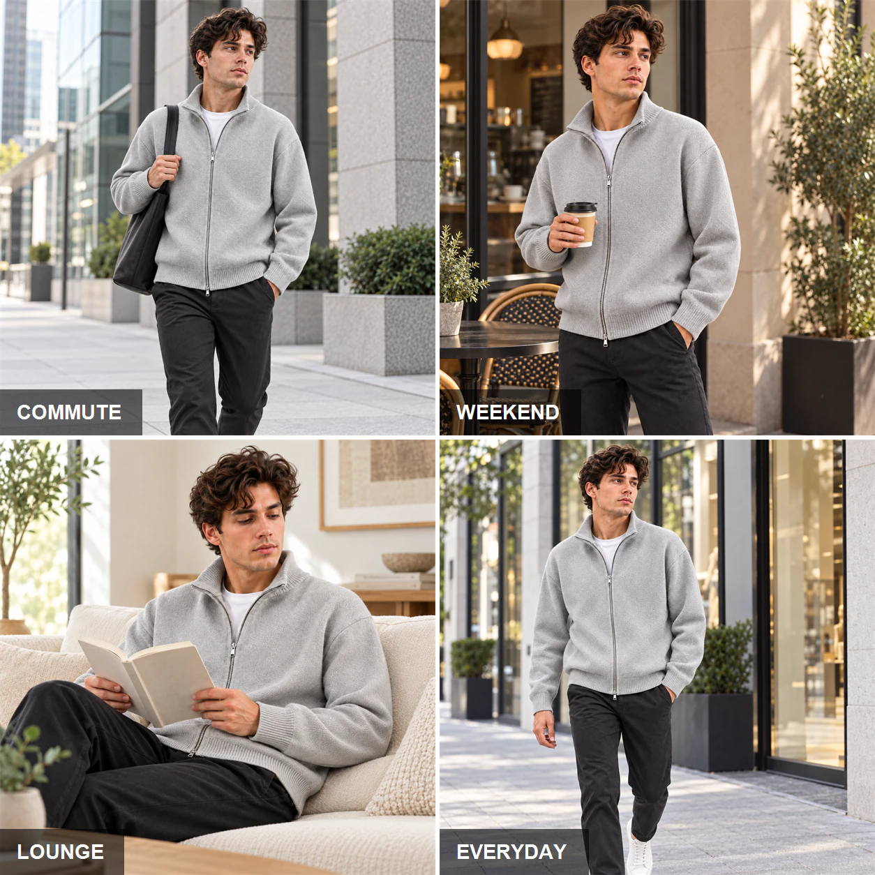 Light gray full-zip knit top styled for commute, weekend, lounge and everyday wear