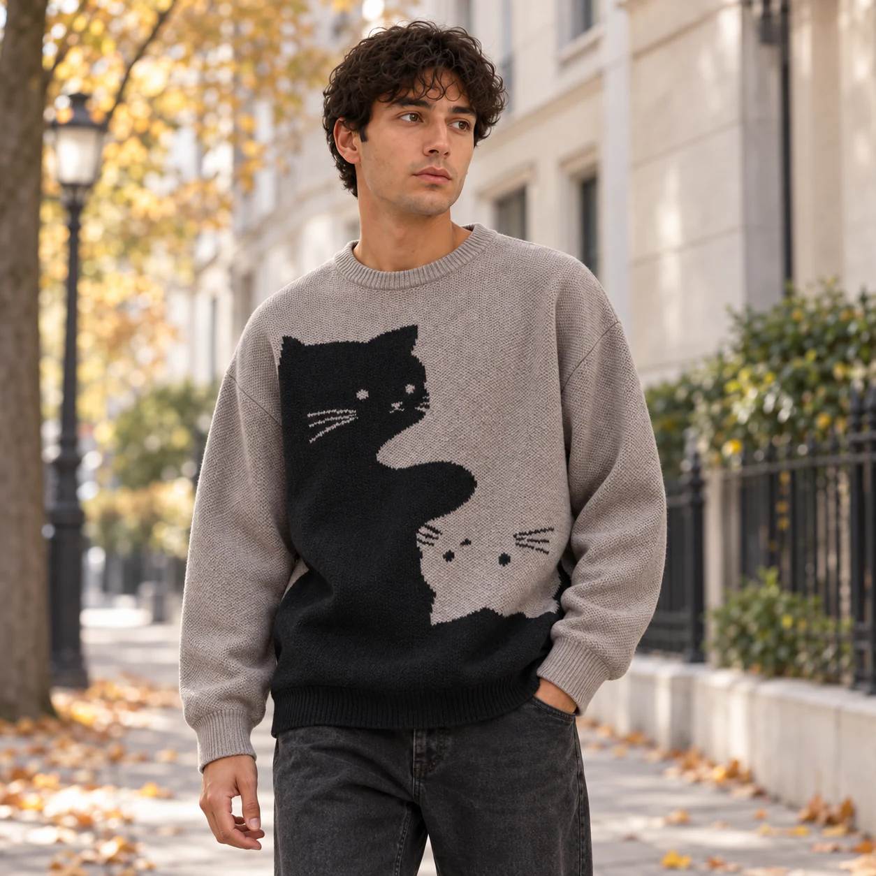 Loose-fit cartoon cat knit sweater styling