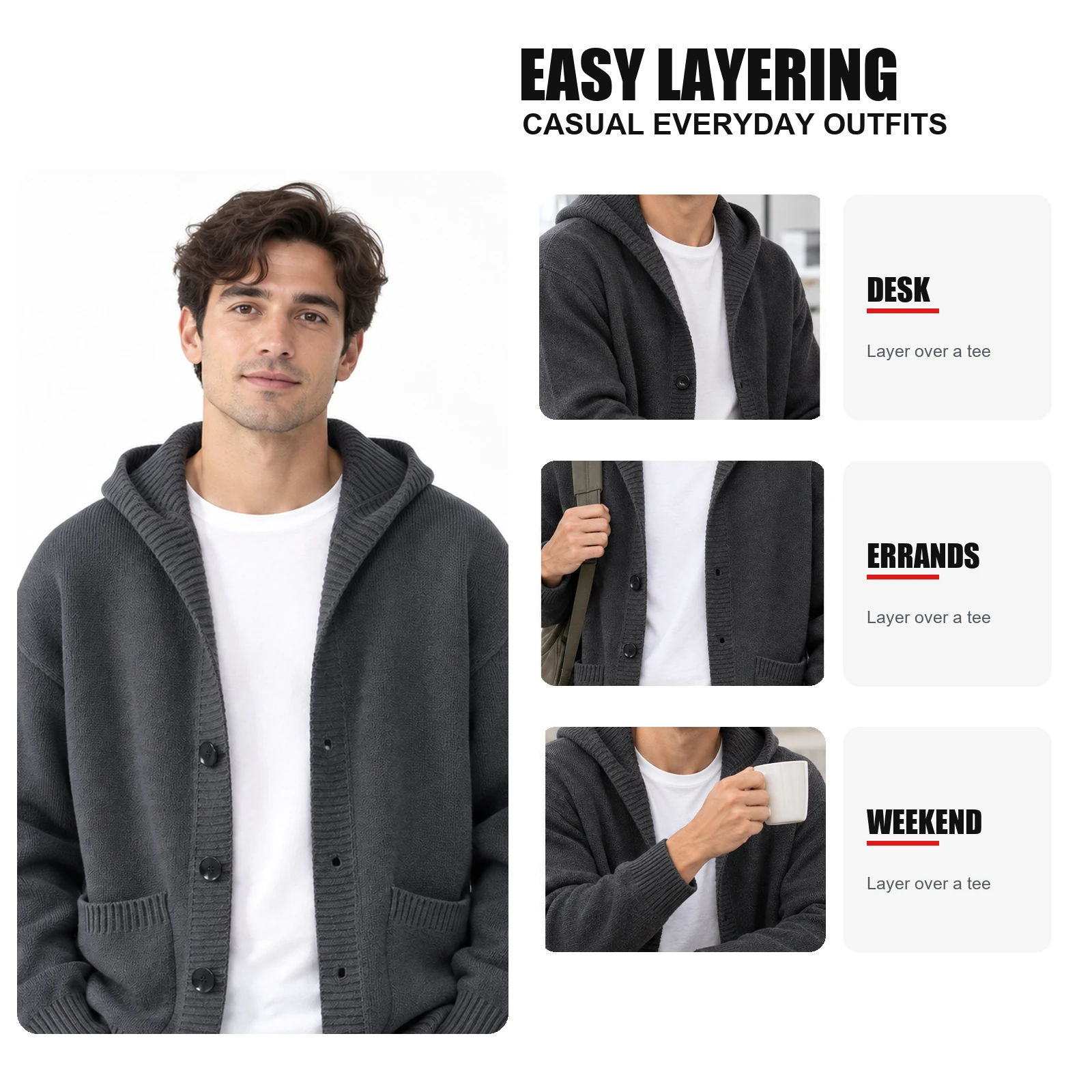 Hooded knit cardigan casual layering and fit details