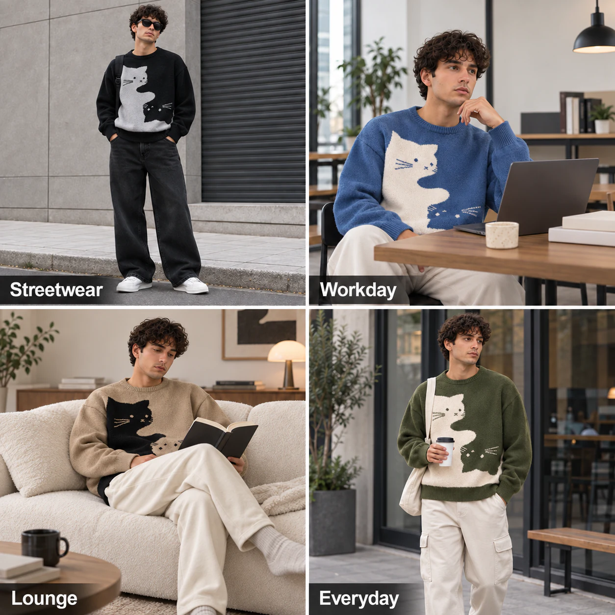 Streetwear, workday, lounge and everyday styling scenes