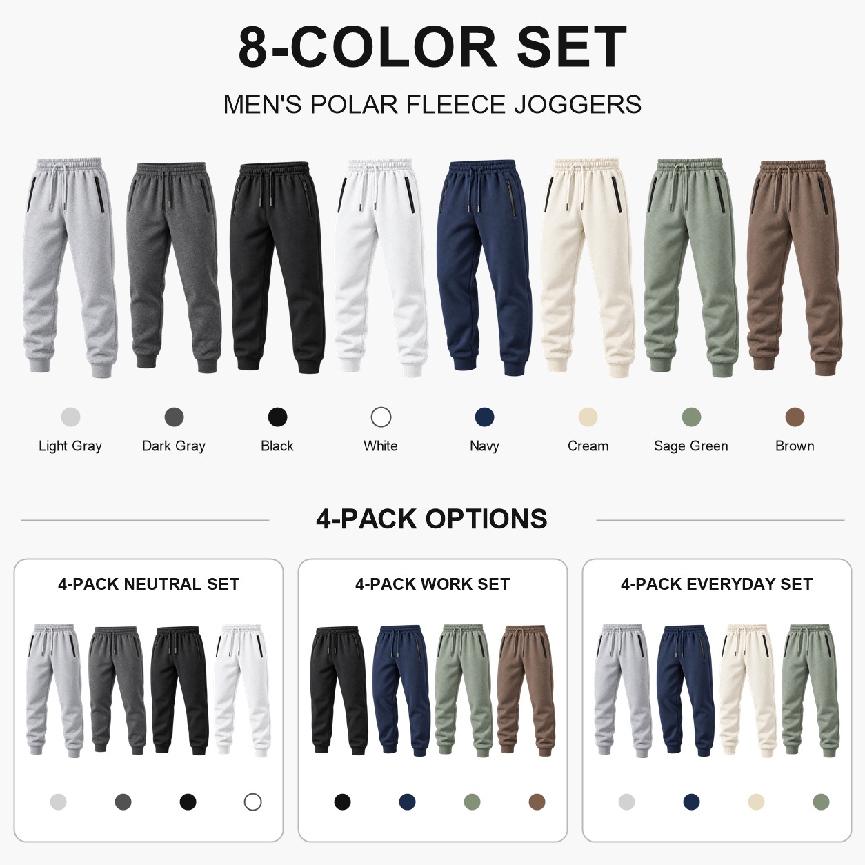 Eight-color set and three fixed four-pack polar fleece jogger options