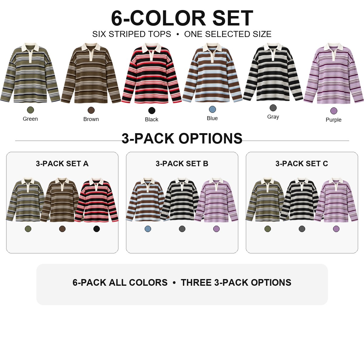 Six-color set and three three-pack striped collared top options