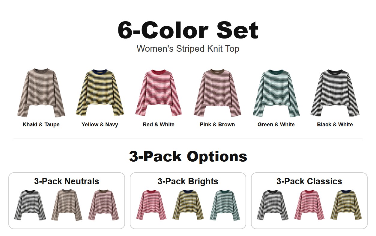 Six available colors and three coordinated three-pack options