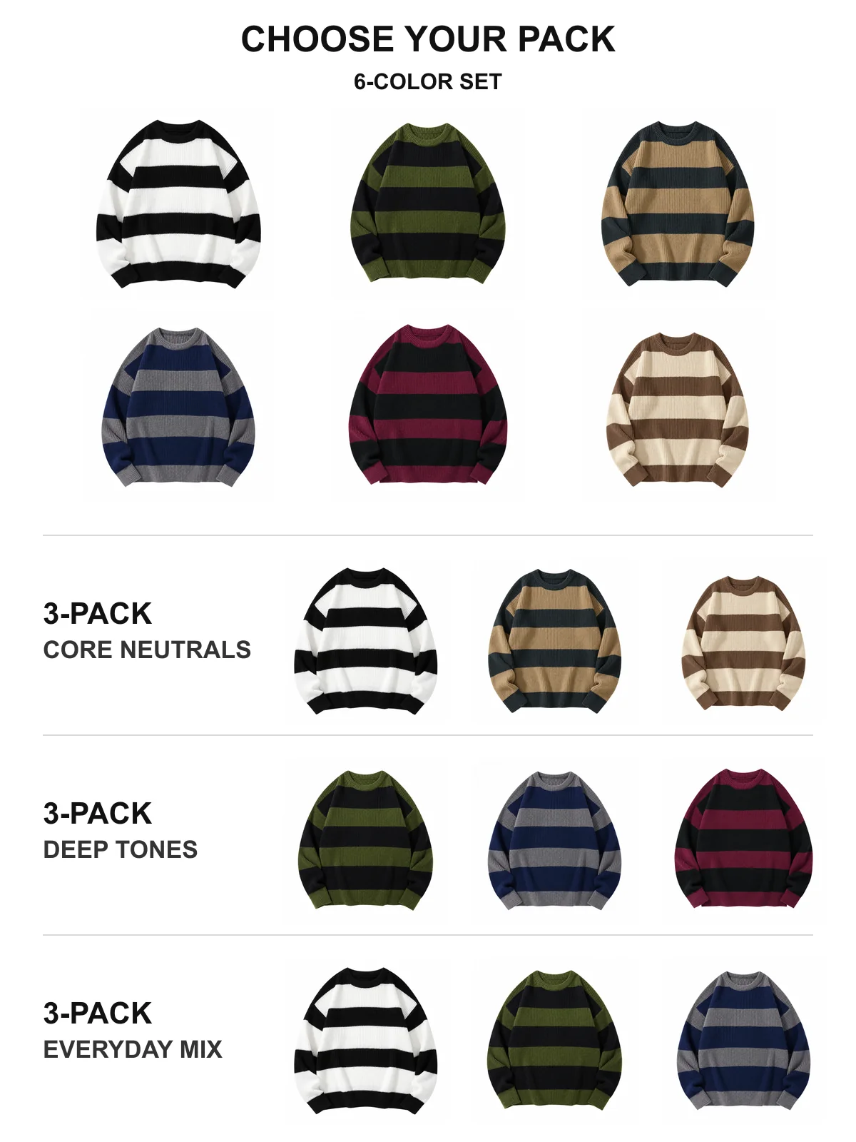 Six color set three packs and single striped sweater options