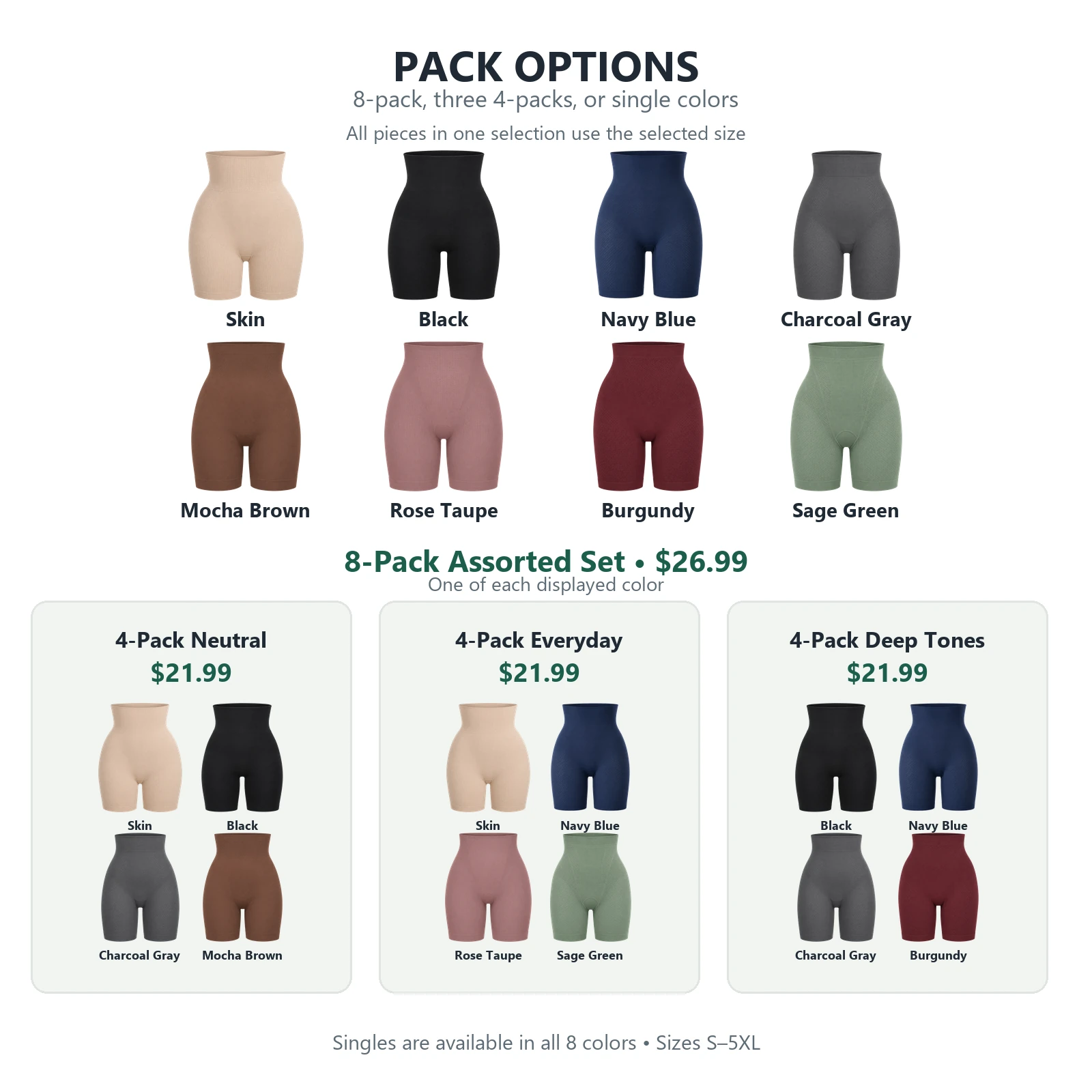 8-Pack Assorted Set, three fixed 4-pack options and eight single colors