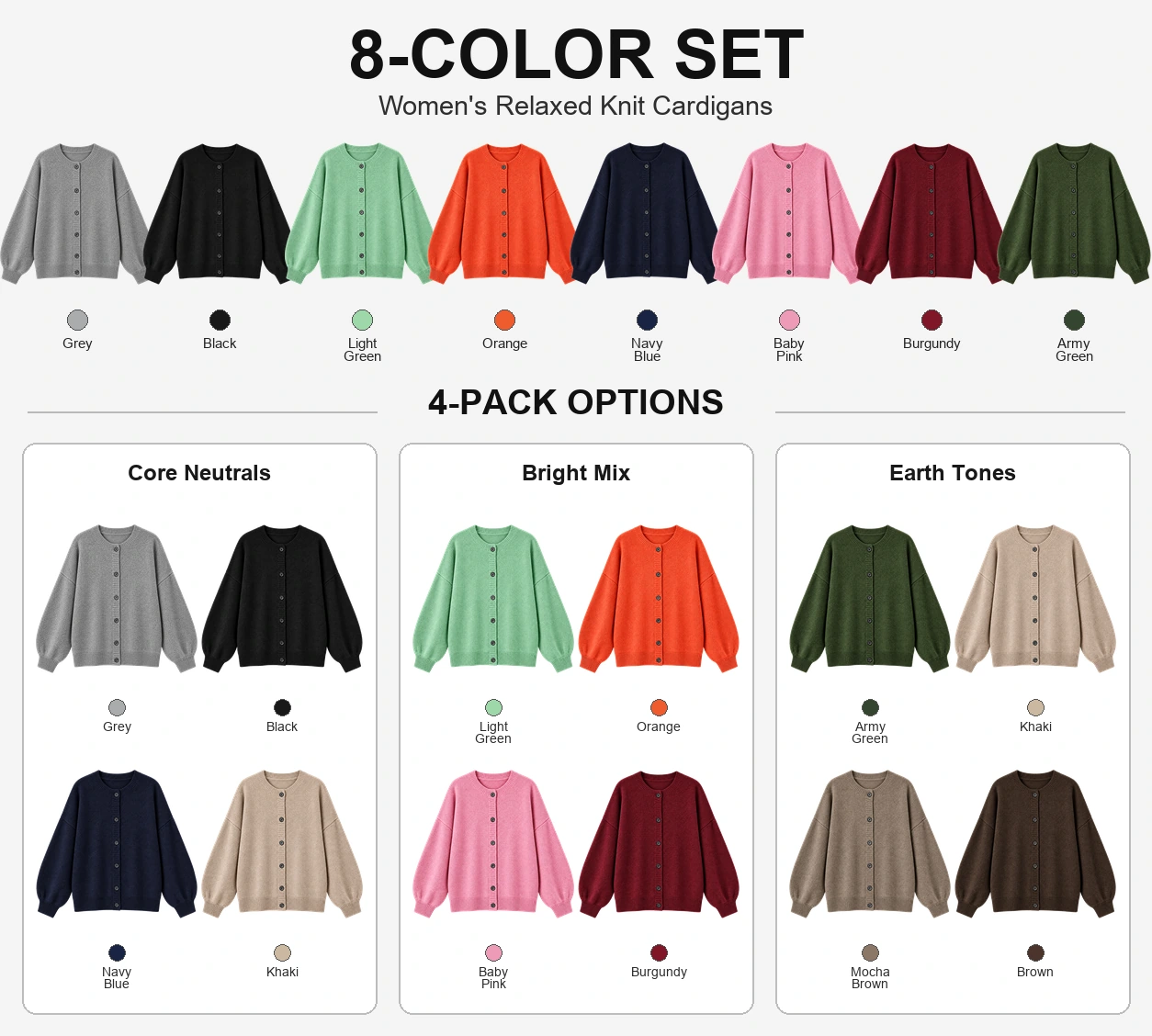 Eight-color cardigan set with Core Neutrals, Bright Mix and Earth Tones four-pack options