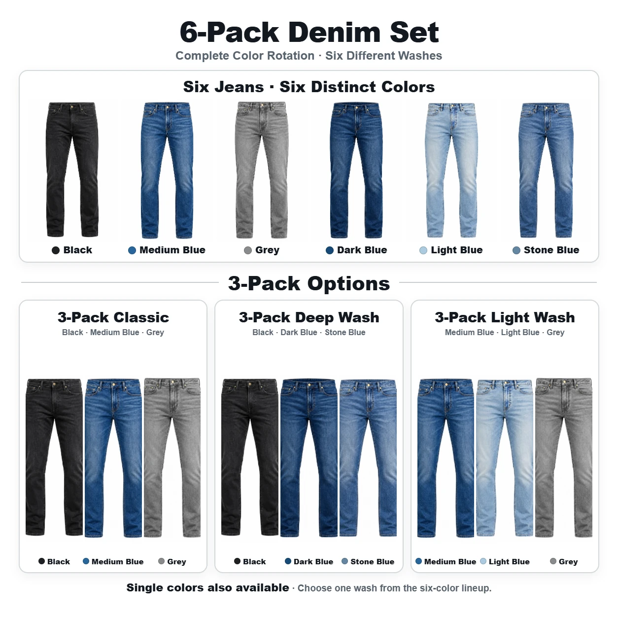 Complete six-color jeans set and three fixed three-color pack options
