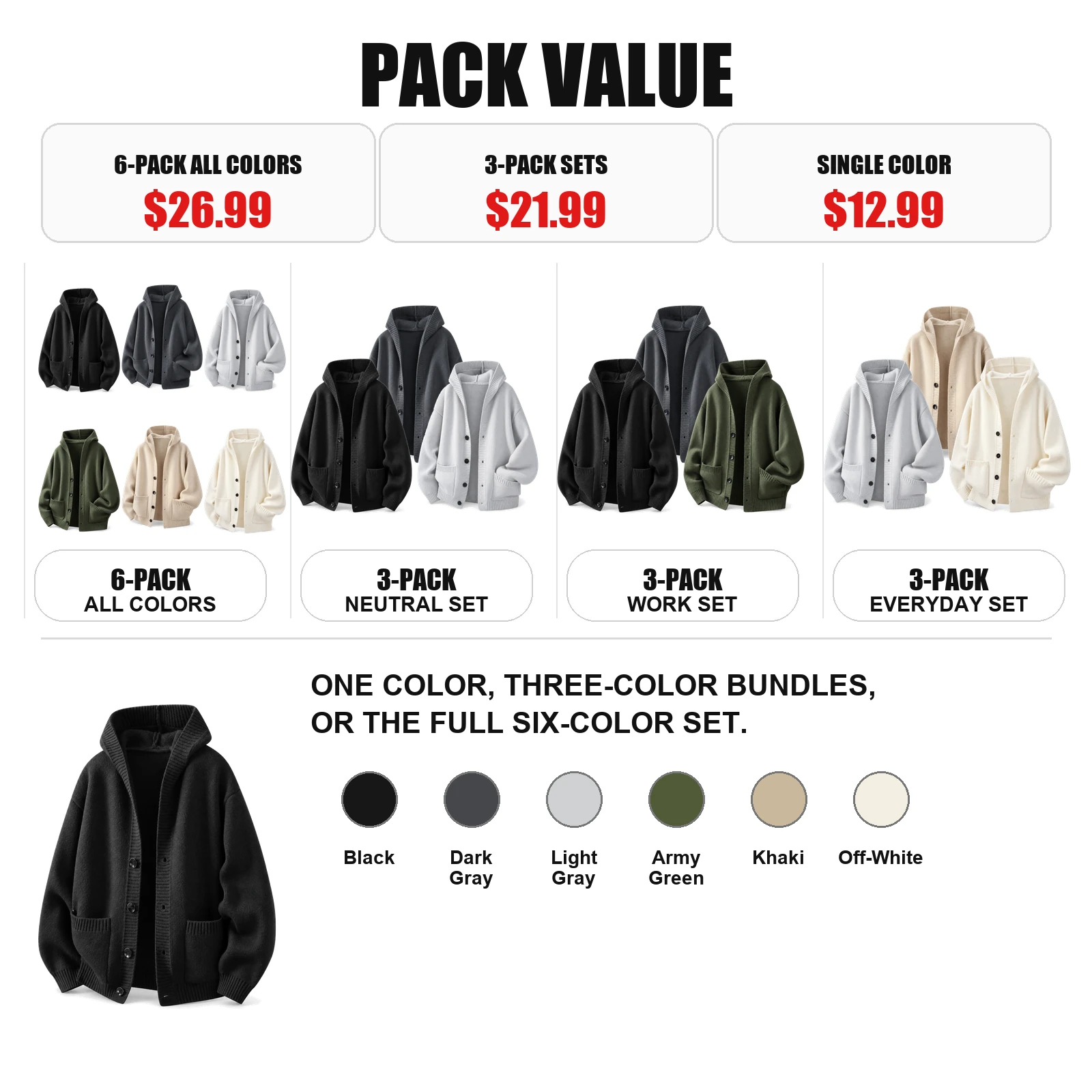 Six-color pack, three fixed three-pack sets and single-color choices