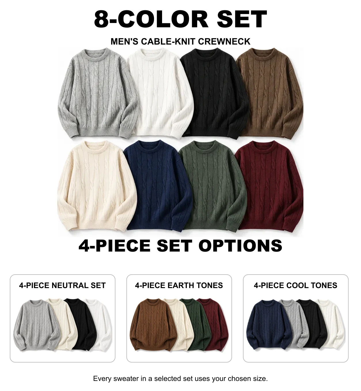 Complete eight-piece set and three coordinated four-piece sweater sets