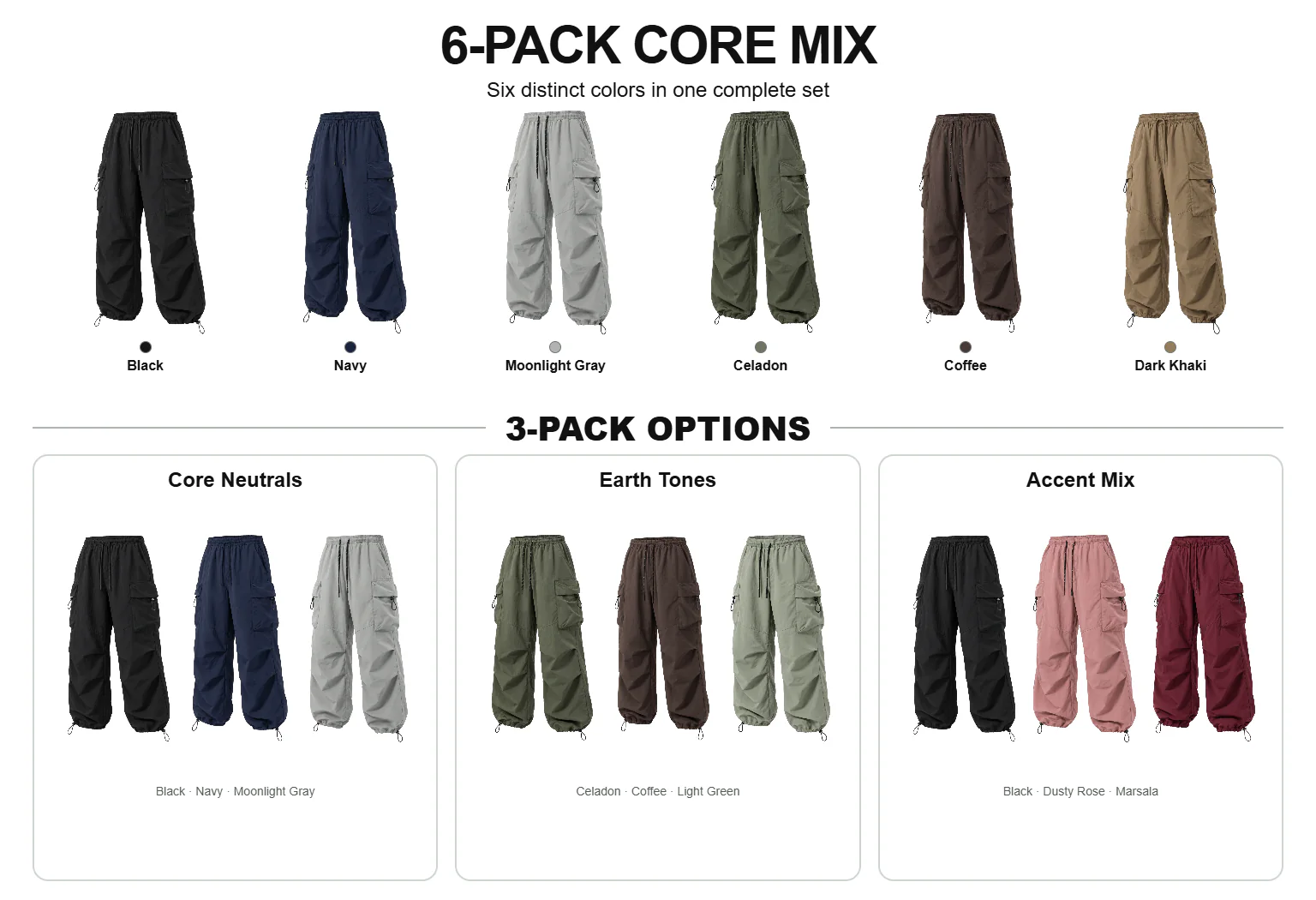 Six-pack and three fixed three-pack lightweight cargo pants options