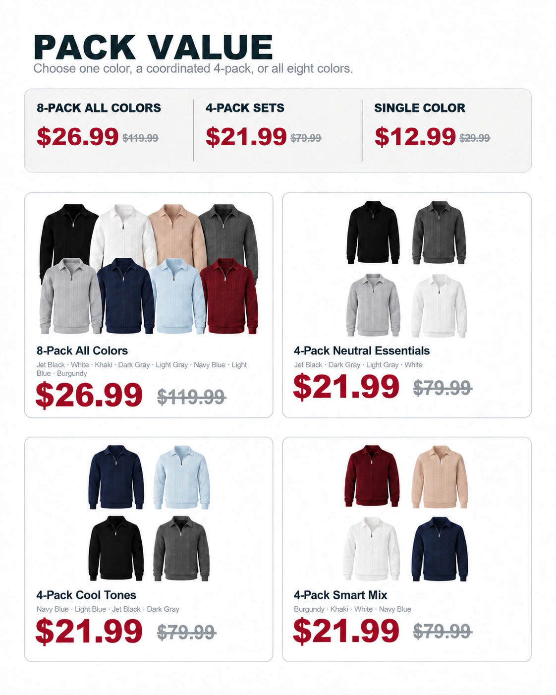 Eight-pack and three four-pack cable-knit half-zip polo sweater options arranged in consistent 2 by 2 grids