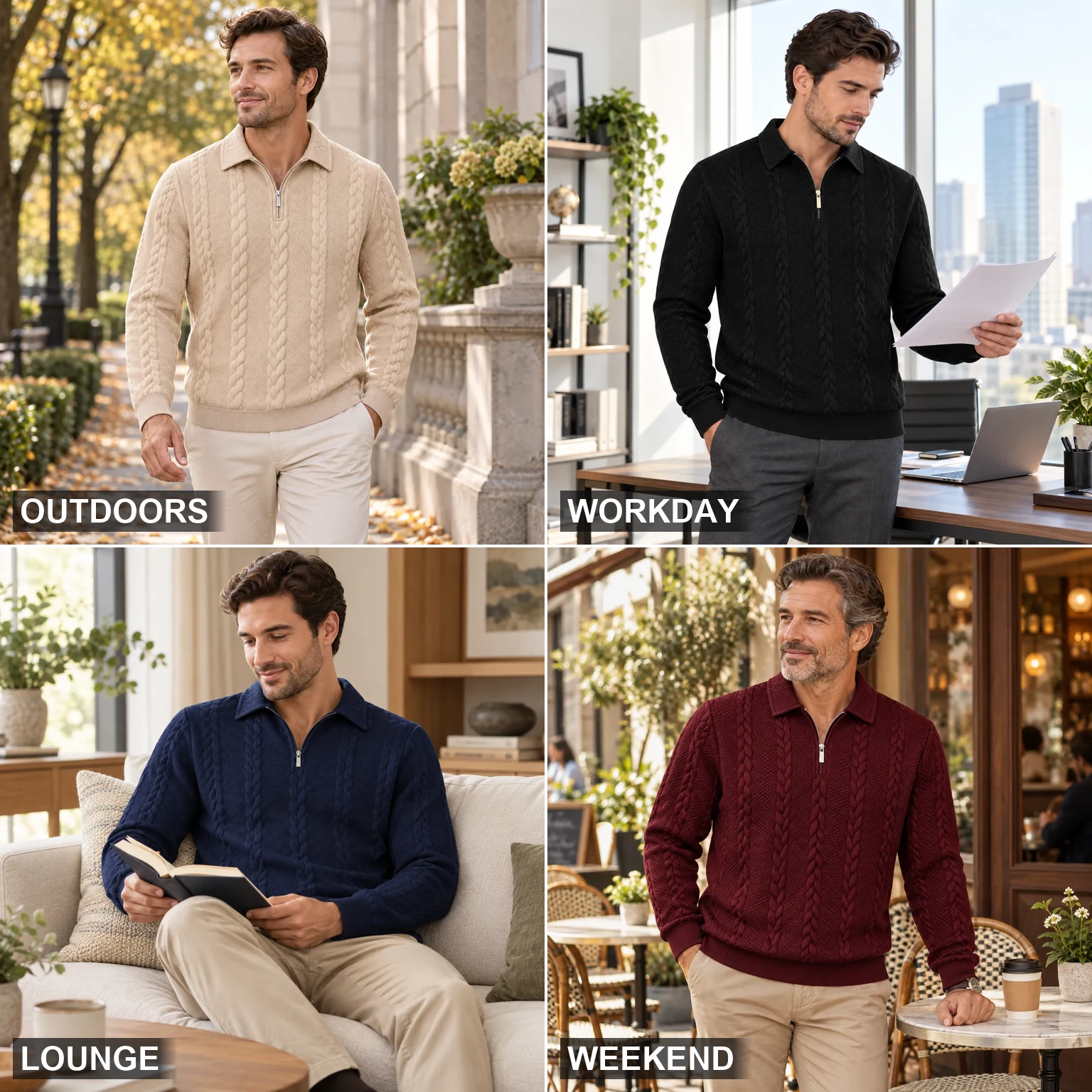 Cable-knit half-zip polo sweaters styled for Outdoors, Workday, Lounge, and Weekend
