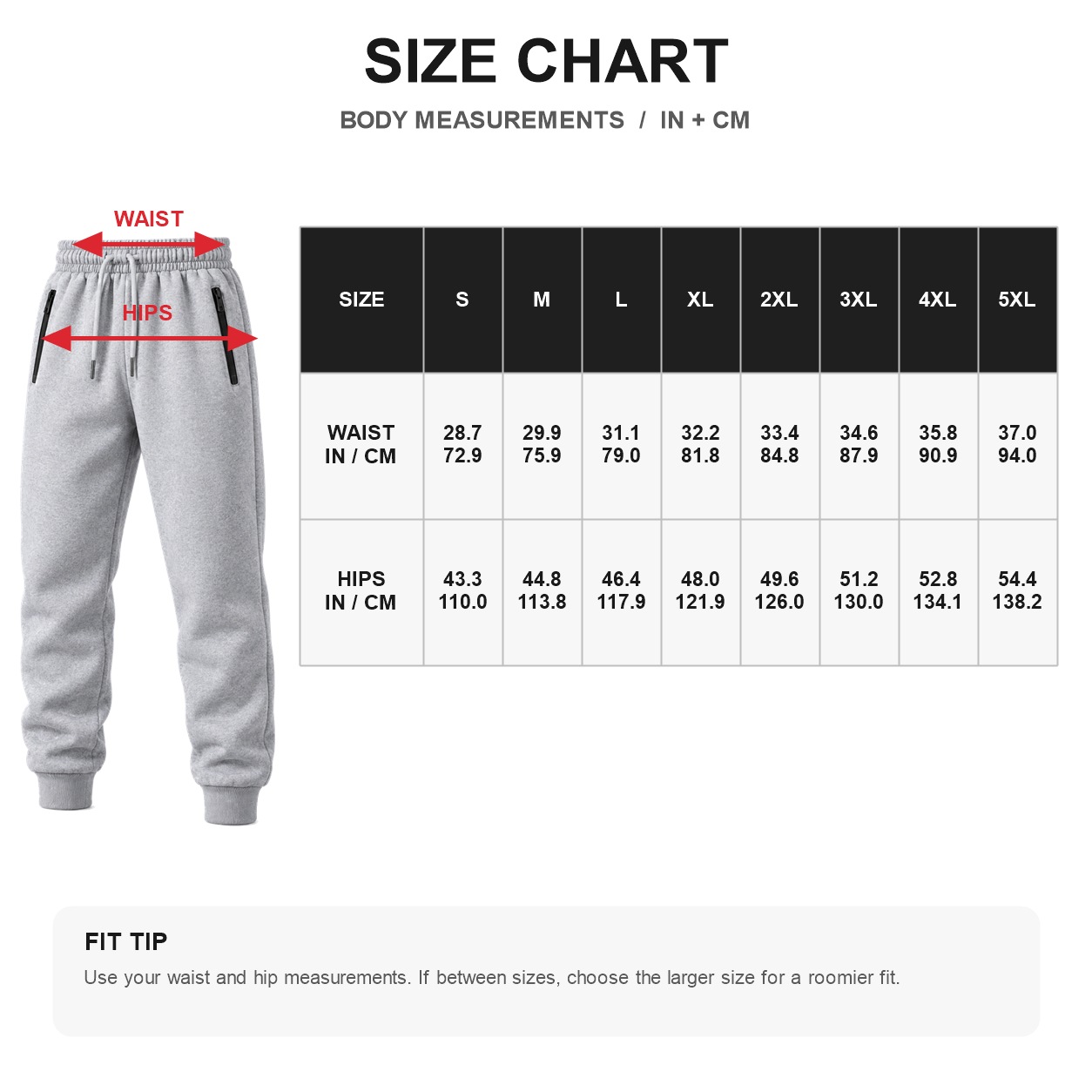 Men's polar fleece jogger body measurement chart from S to 5XL