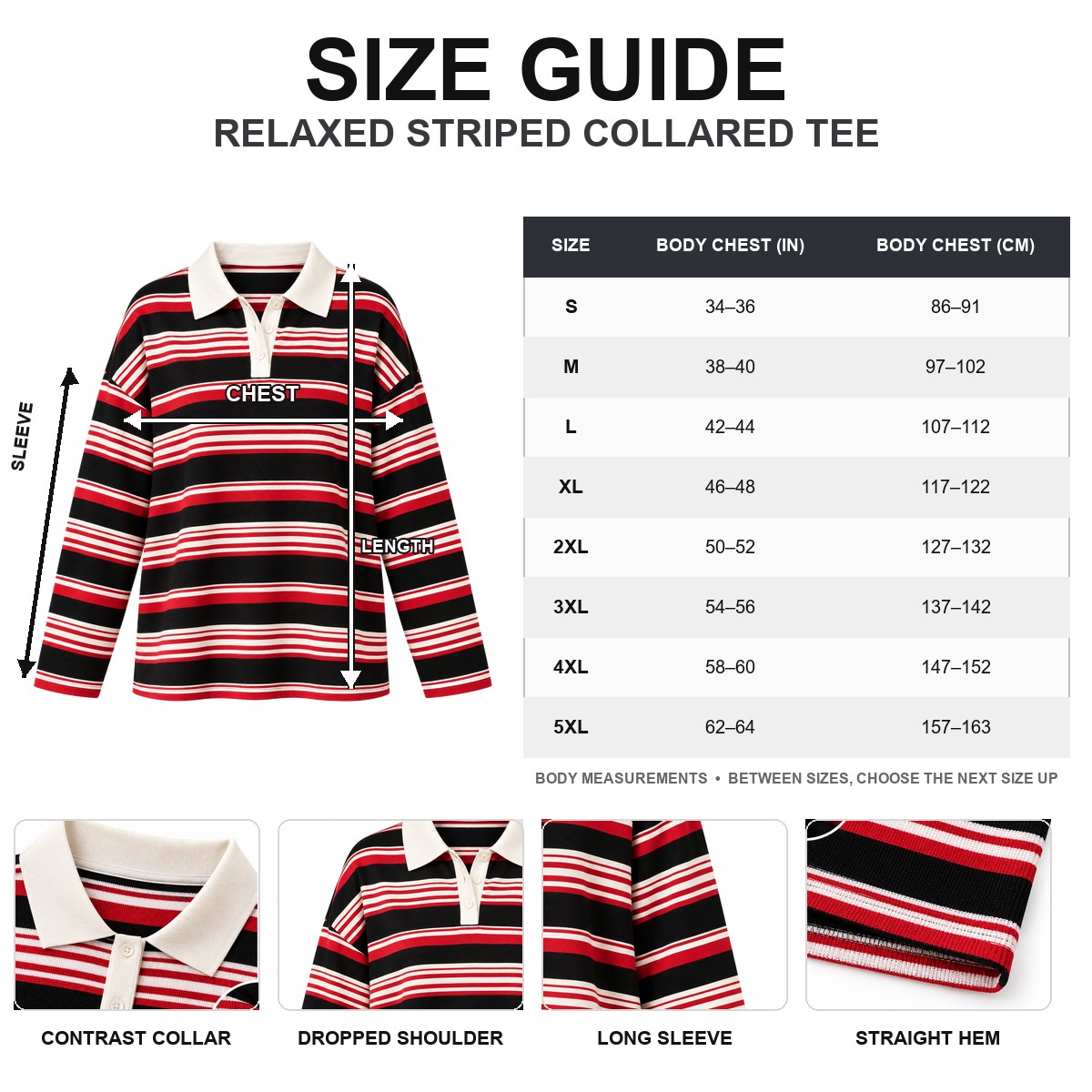 Women's relaxed striped collared top US body chest size guide from S to 5XL in inches and centimeters