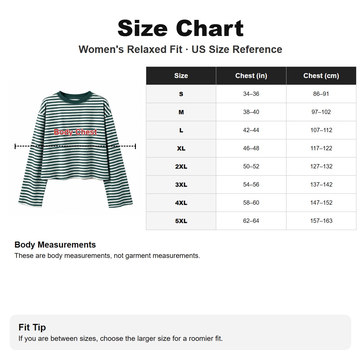 US body chest measurement size reference from S through 5XL
